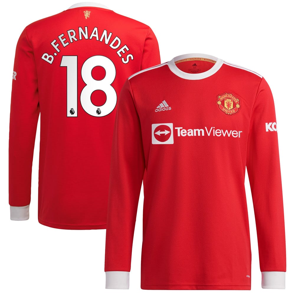 Premier League Manchester United Home Long Sleeve Jersey Shirt 2021-22 player B.Fernandes 18 printing for Men