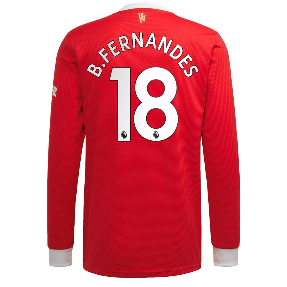Premier League Manchester United Home Long Sleeve Jersey Shirt 2021-22 player B.Fernandes 18 printing for Men
