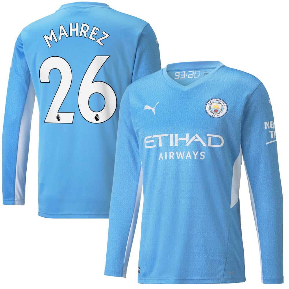 Premier League Manchester City Home Long Sleeve Jersey Shirt 2021-22 player Mahrez 26 printing for Men