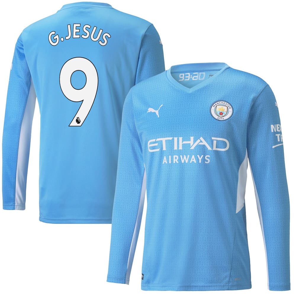 Premier League Manchester City Home Long Sleeve Jersey Shirt 2021-22 player G.Jesus 9 printing for Men