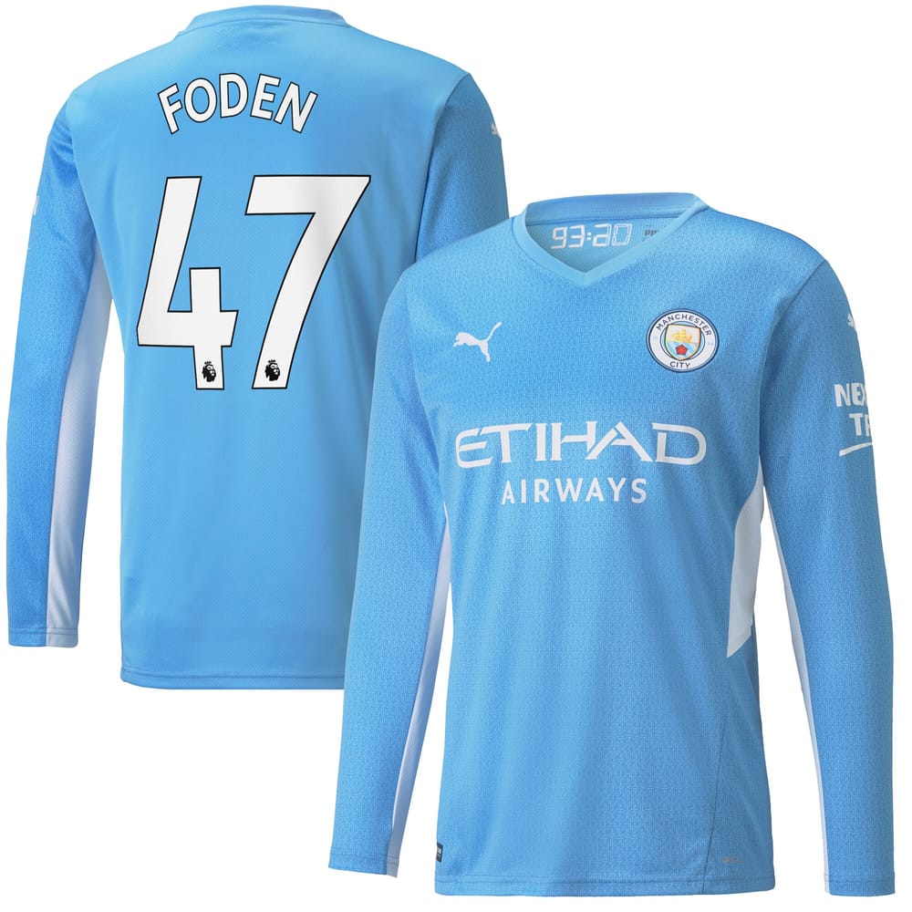 Premier League Manchester City Home Long Sleeve Jersey Shirt 2021-22 player Foden 47 printing for Men