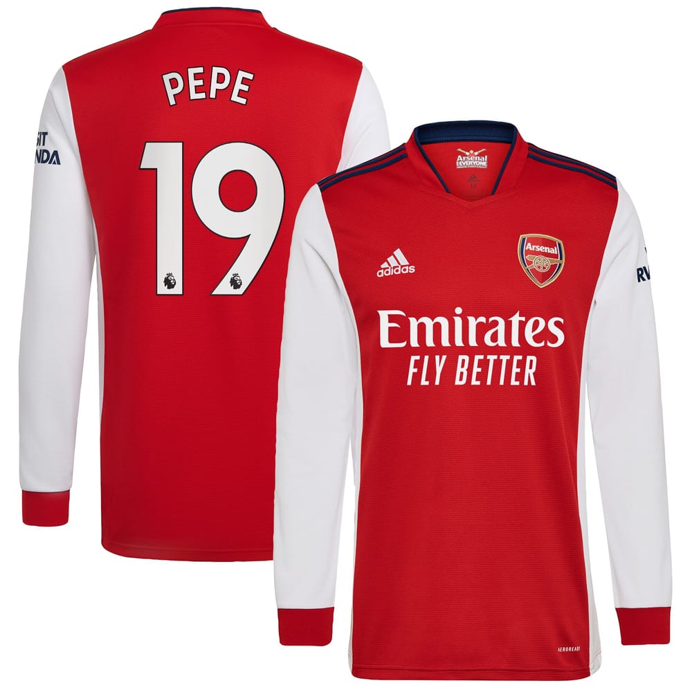 Premier League Arsenal Home Long Sleeve Jersey Shirt 2021-22 player Pepe 19 printing for Men