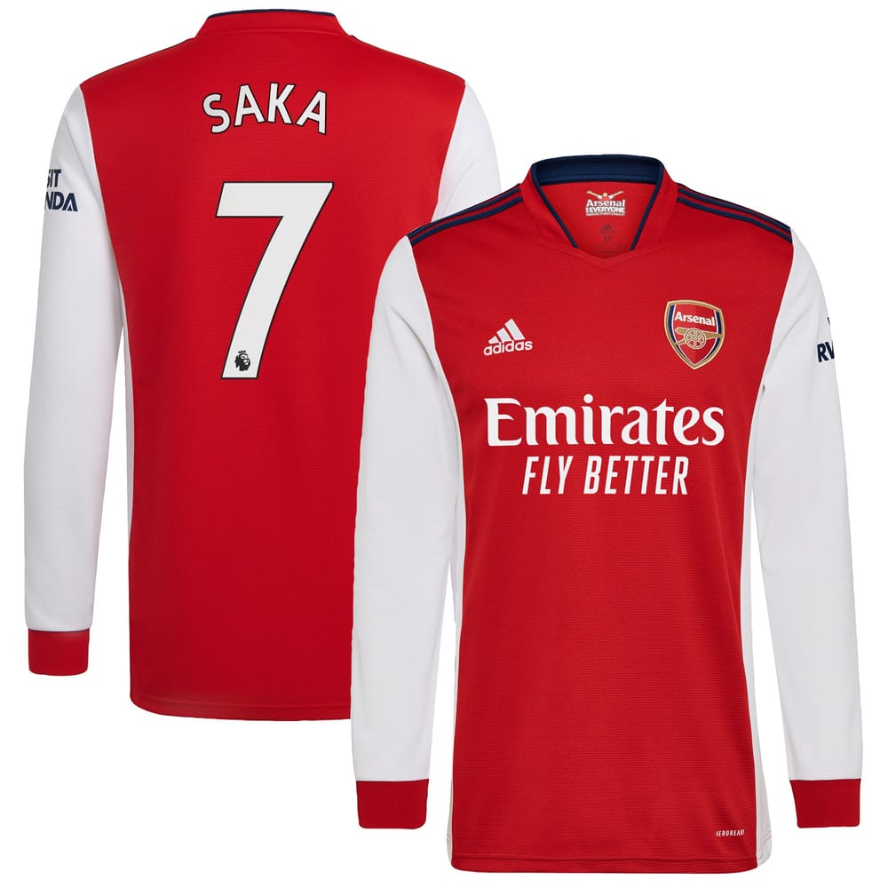 Premier League Arsenal Home Long Sleeve Jersey Shirt 2021-22 player Saka 7 printing for Men