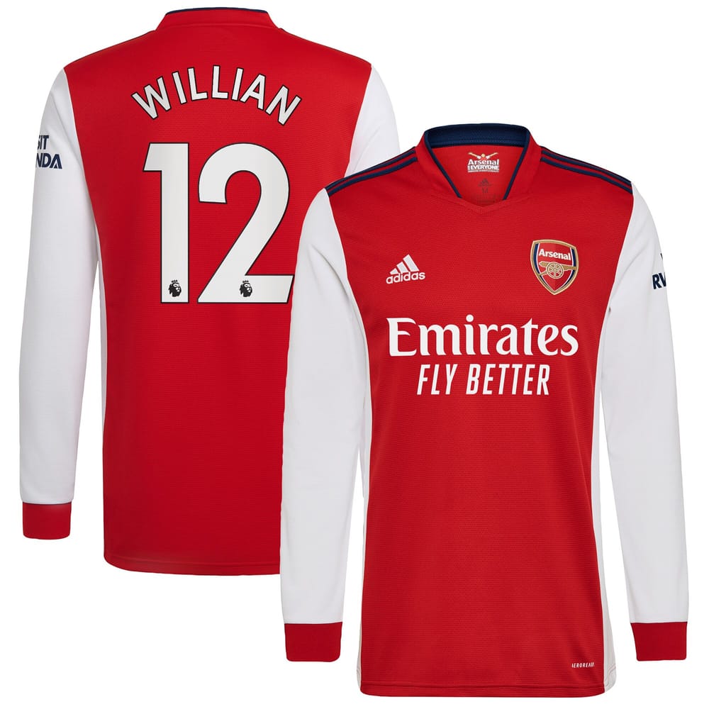 Premier League Arsenal Home Long Sleeve Jersey Shirt 2021-22 player Willian 12 printing for Men