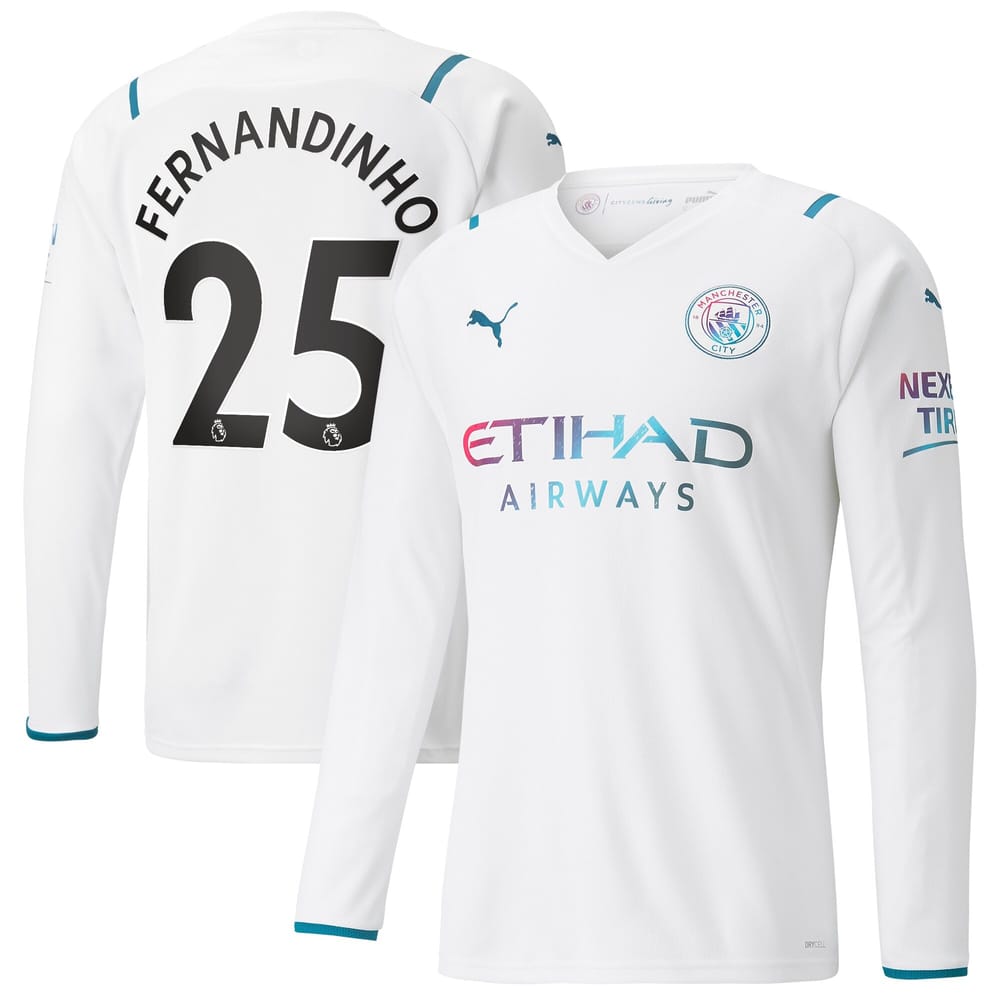 Premier League Manchester City Away Long Sleeve Jersey Shirt 2021-22 player Fernandinho 25 printing for Men