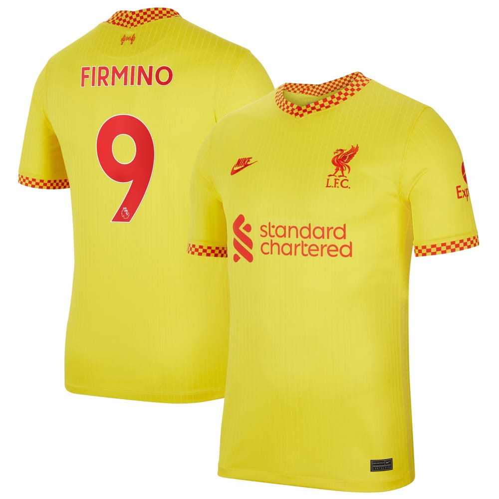 Liverpool Third Yellow Jersey Shirt 2021-22 player Roberto Firmino printing for Men