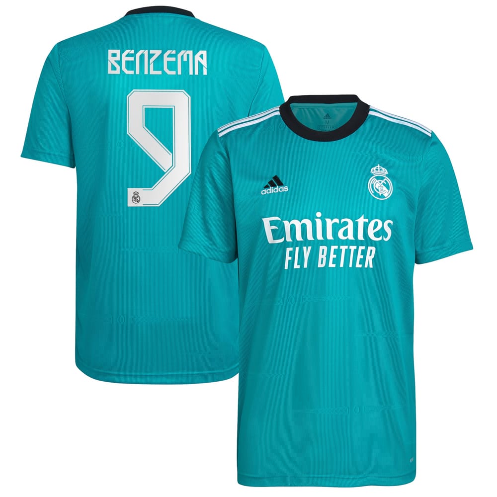 Real Madrid Third Aqua Jersey Shirt 2021-22 player Karim Benzema printing for Men