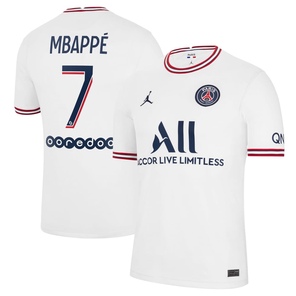 Paris Saint-Germain Fourth White Jersey Shirt 2021-22 player Kylian Mbappé printing for Men