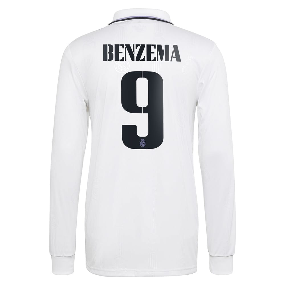 Real Madrid Home Long Sleeve White Jersey Shirt 2022-23 player Karim Benzema printing for Men