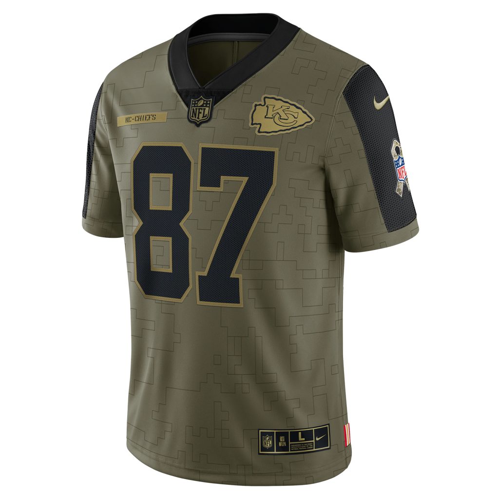 Kansas City Chiefs No87 Travis Kelce Men's Nike Olive Gold 2019 Salute to Service Limited 100 Jersey