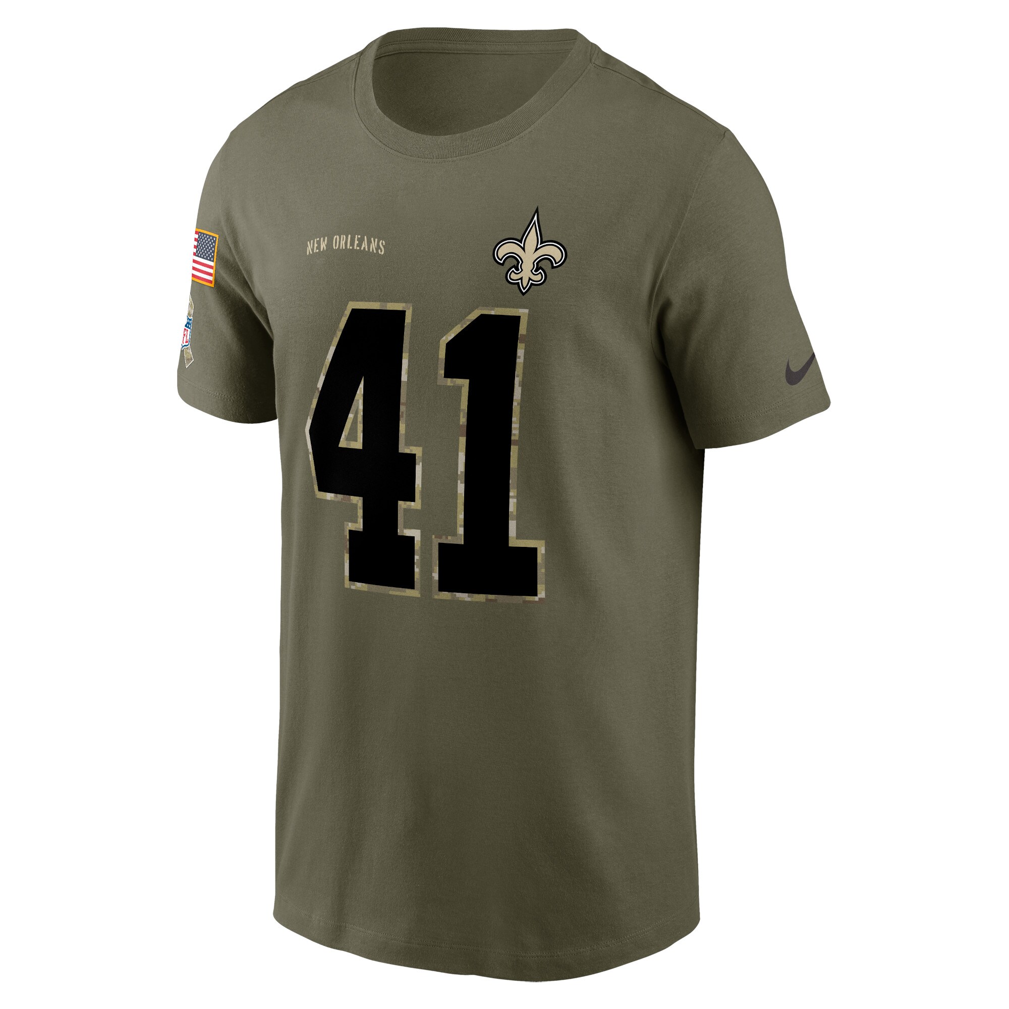 Men's New Orleans Saints Alvin Kamara Nike Olive 2022 Salute To Service Name & Number T-Shirt