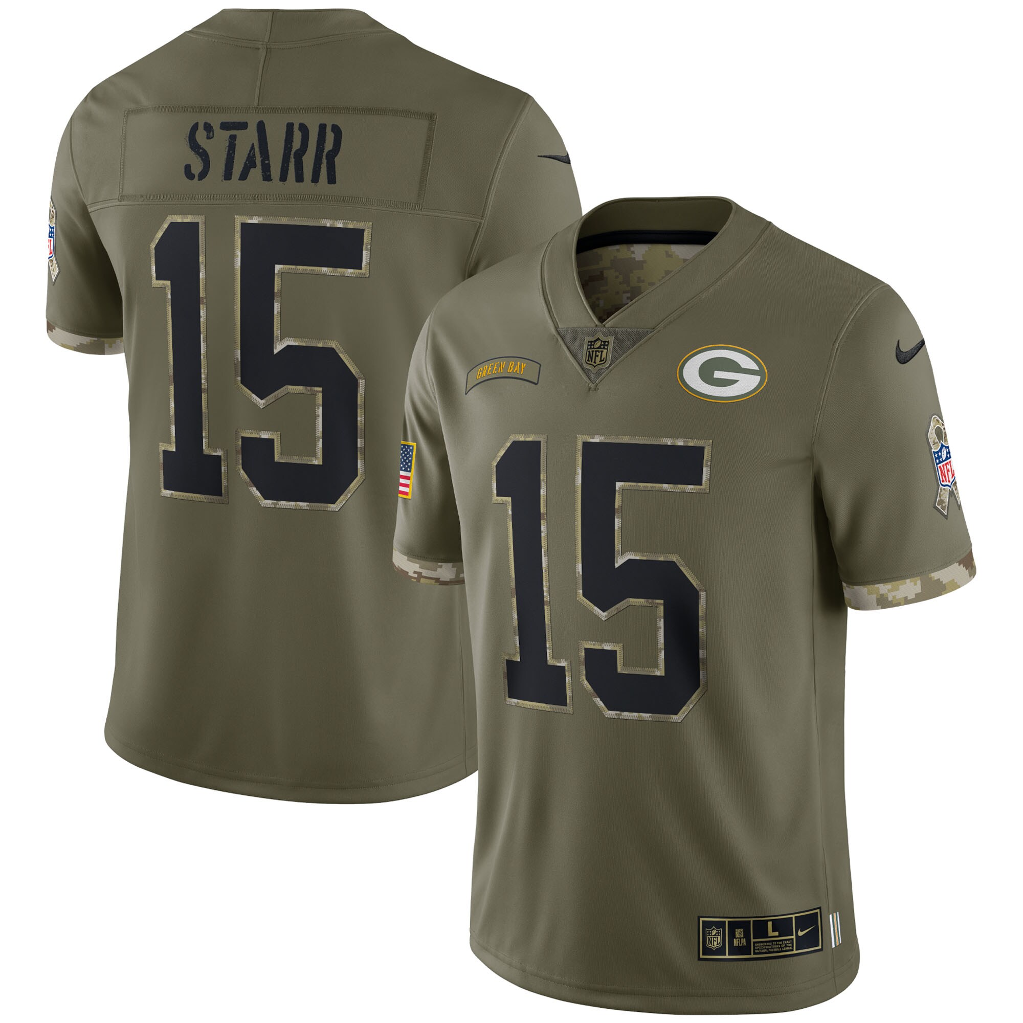 Men's Green Bay Packers Bart Starr Nike Olive 2022 Salute To Service Retired Player Limited Jersey