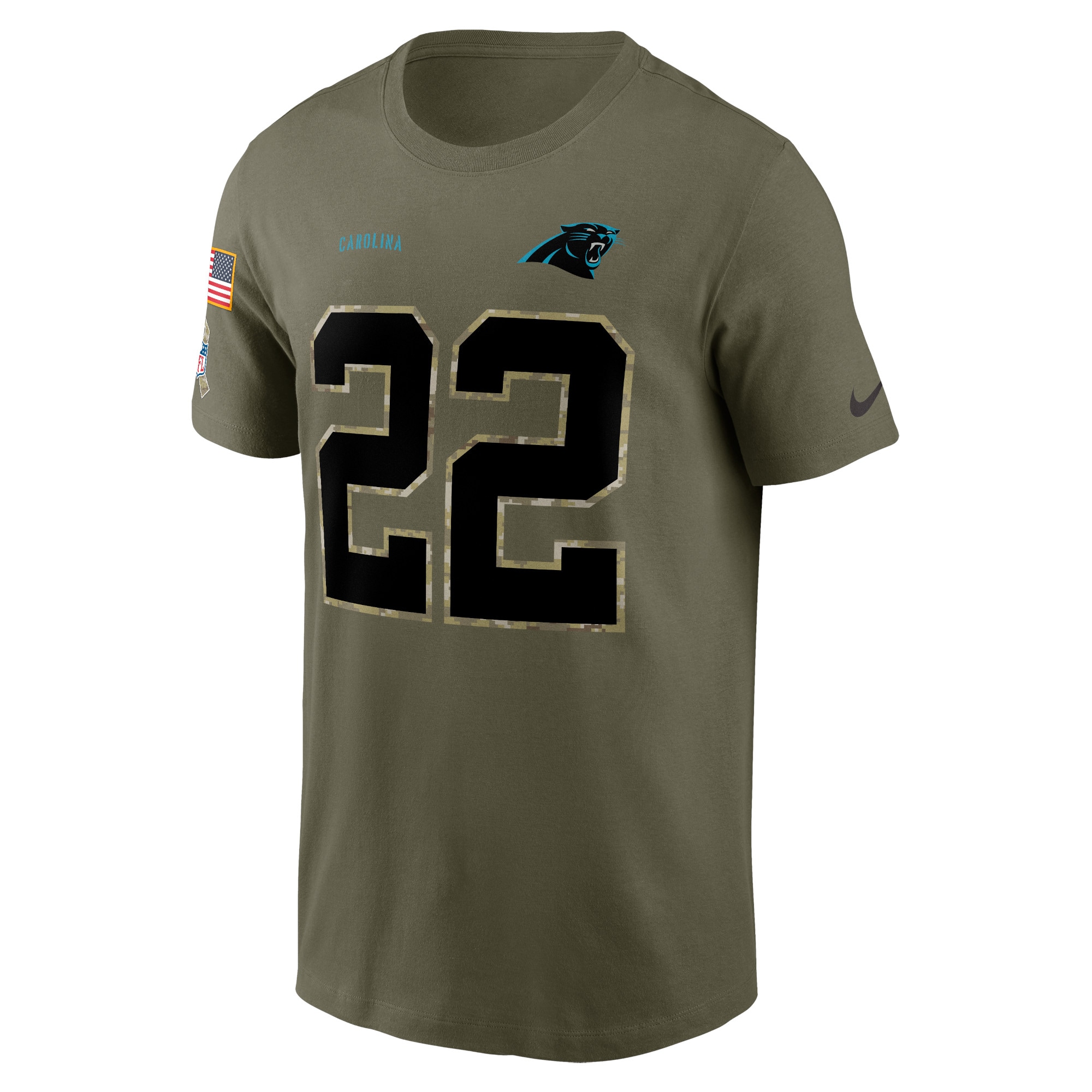 Men's Carolina Panthers Christian McCaffrey Nike Olive 2022 Salute To Service Name & Number T-Shirt