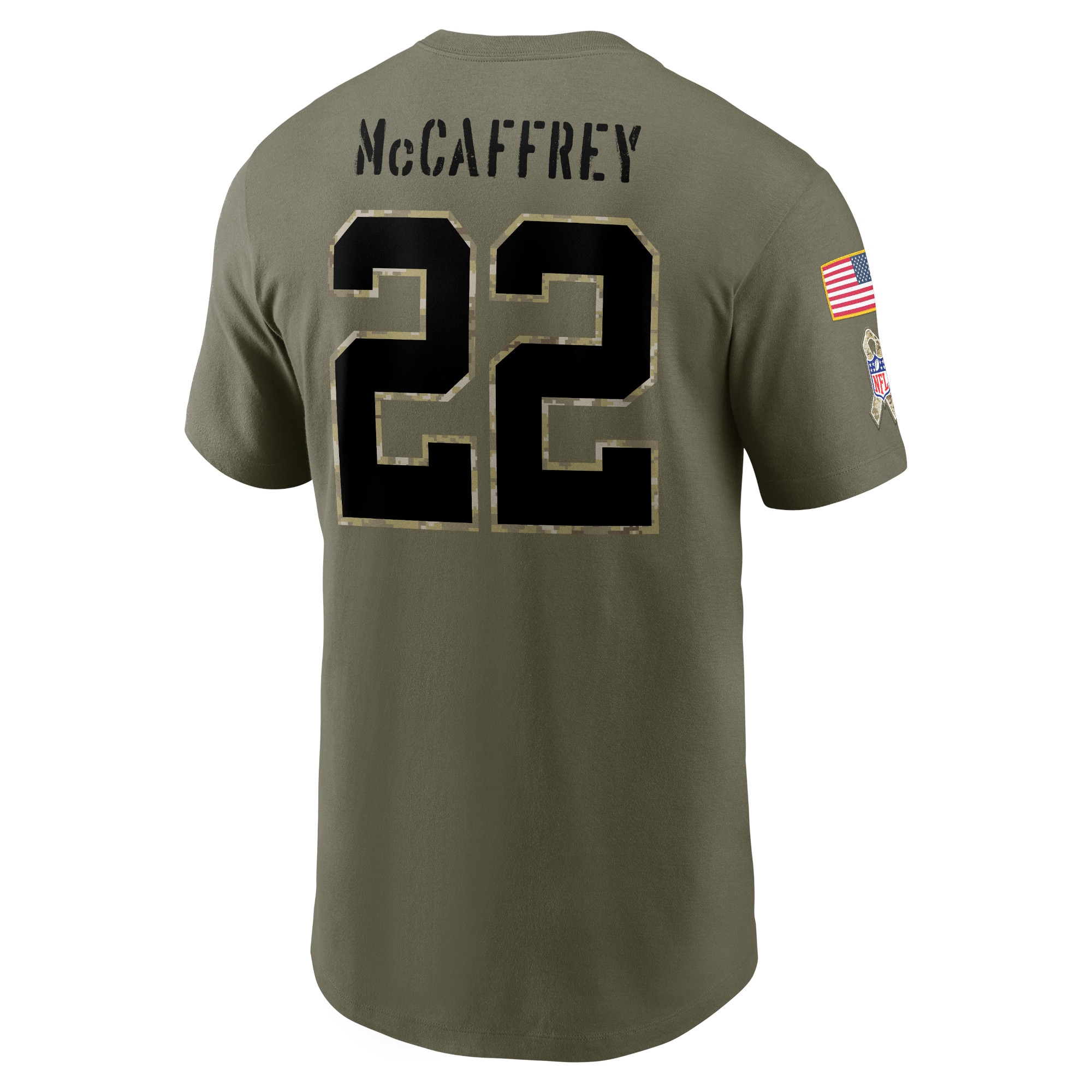 Men's Carolina Panthers Christian McCaffrey Nike Olive 2022 Salute To Service Name & Number T-Shirt
