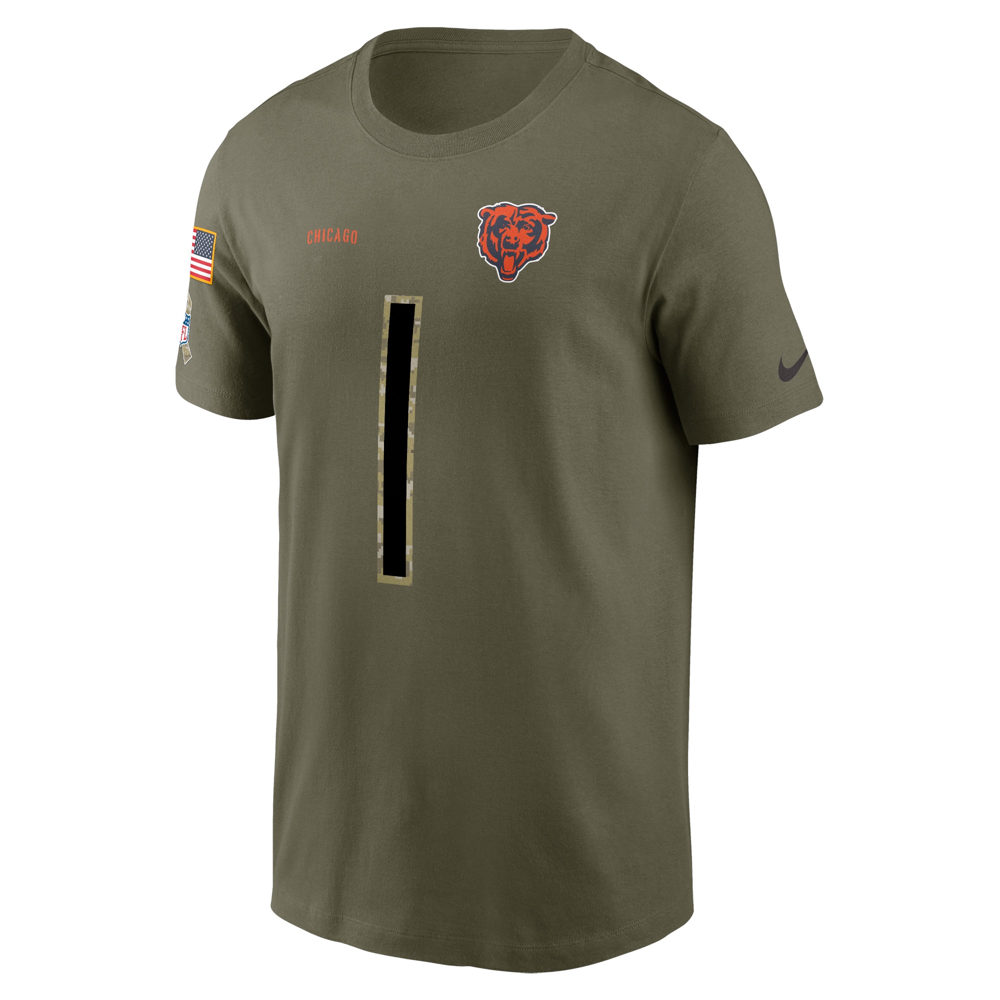 Men's Chicago Bears Justin Fields Nike Olive 2022 Salute To Service Name & Number T-Shirt