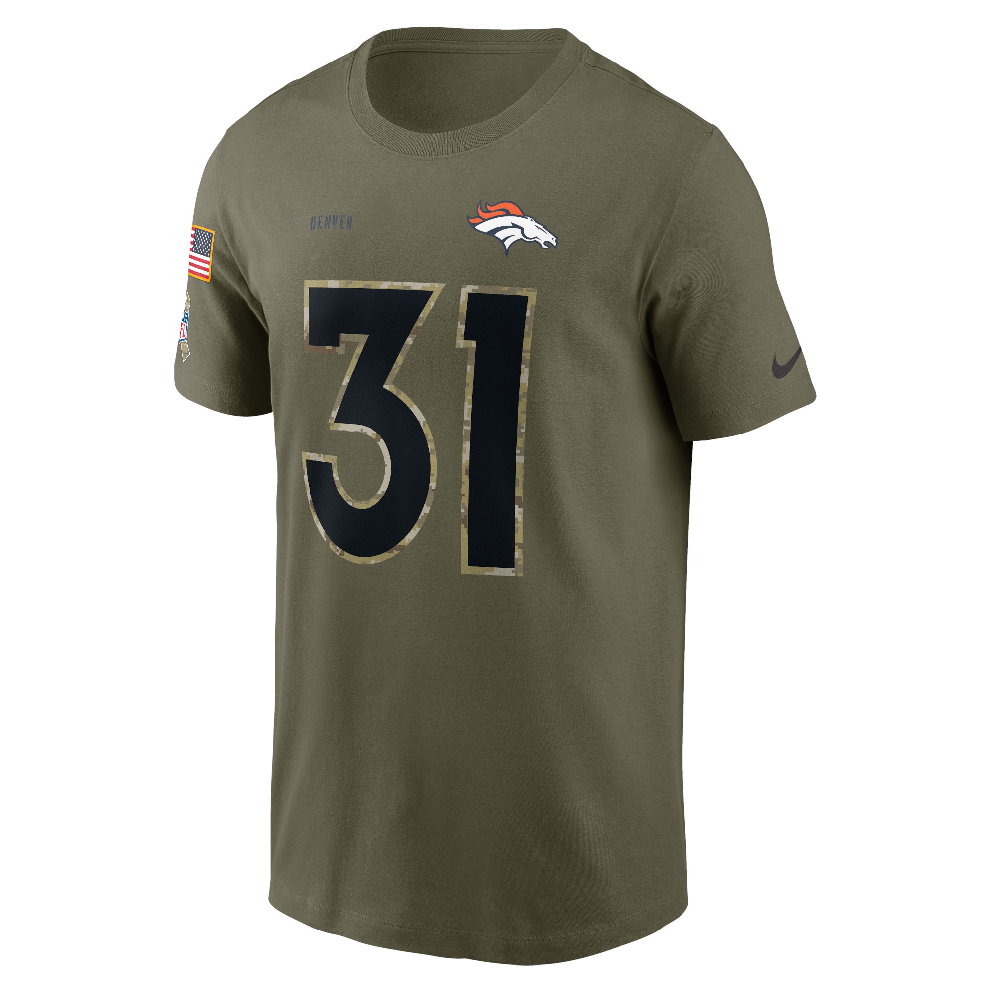 Men's Denver Broncos Justin Simmons Nike Olive 2022 Salute To Service Name & Number T-Shirt