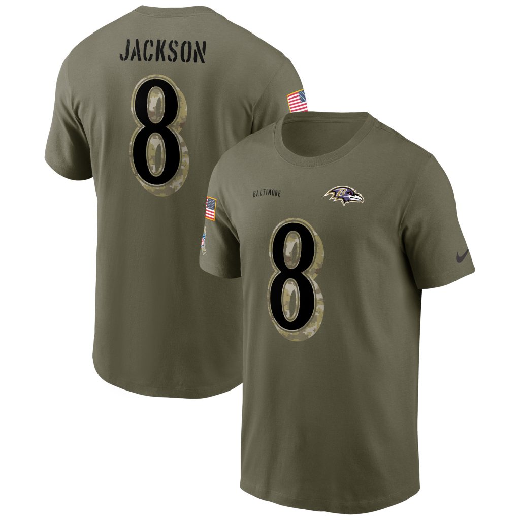 Men's Baltimore Ravens Lamar Jackson Nike Olive 2022 Salute To Service Name & Number T-Shirt