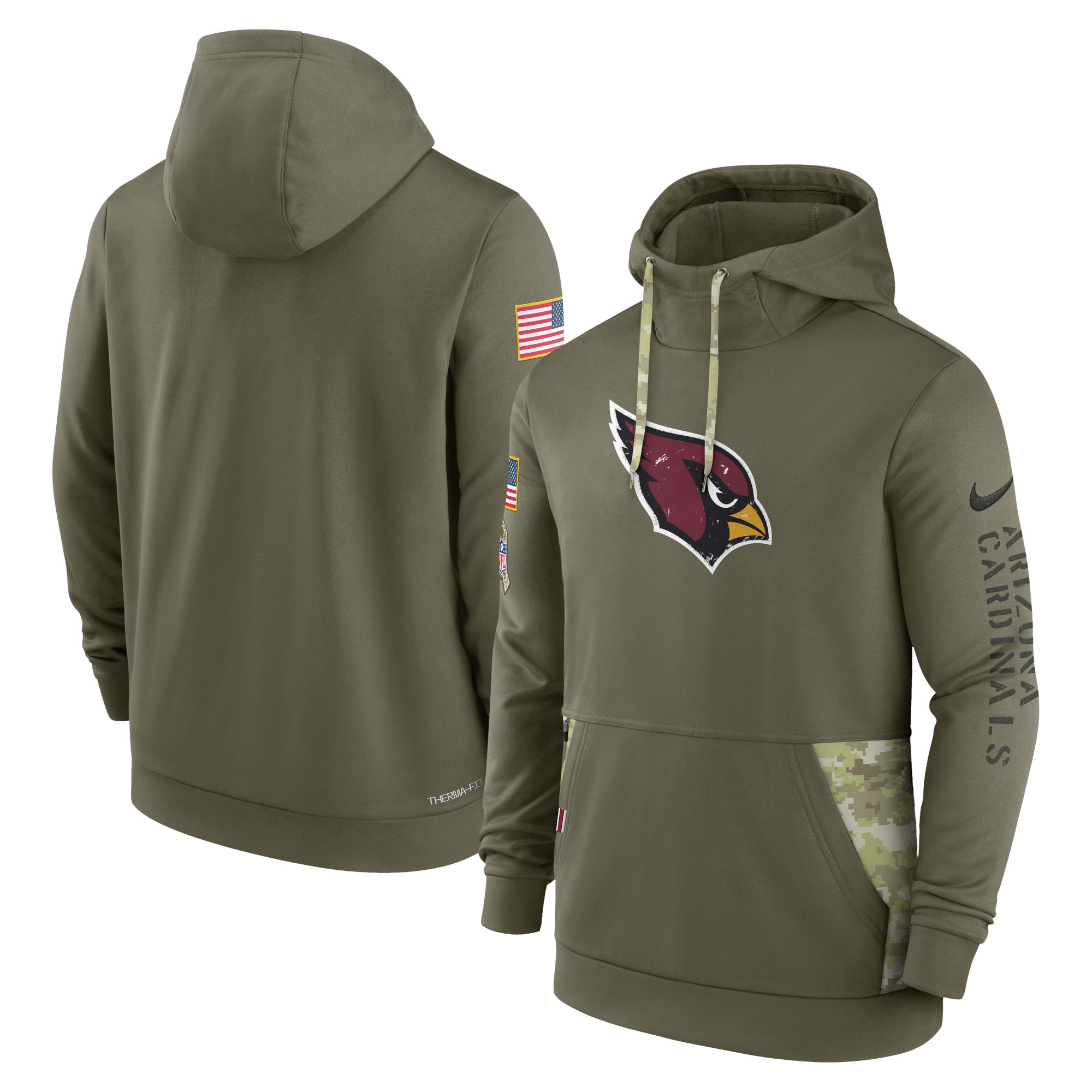 Men's Arizona Cardinals Nike Olive 2022 Salute to Service Therma Performance Pullover Hoodie