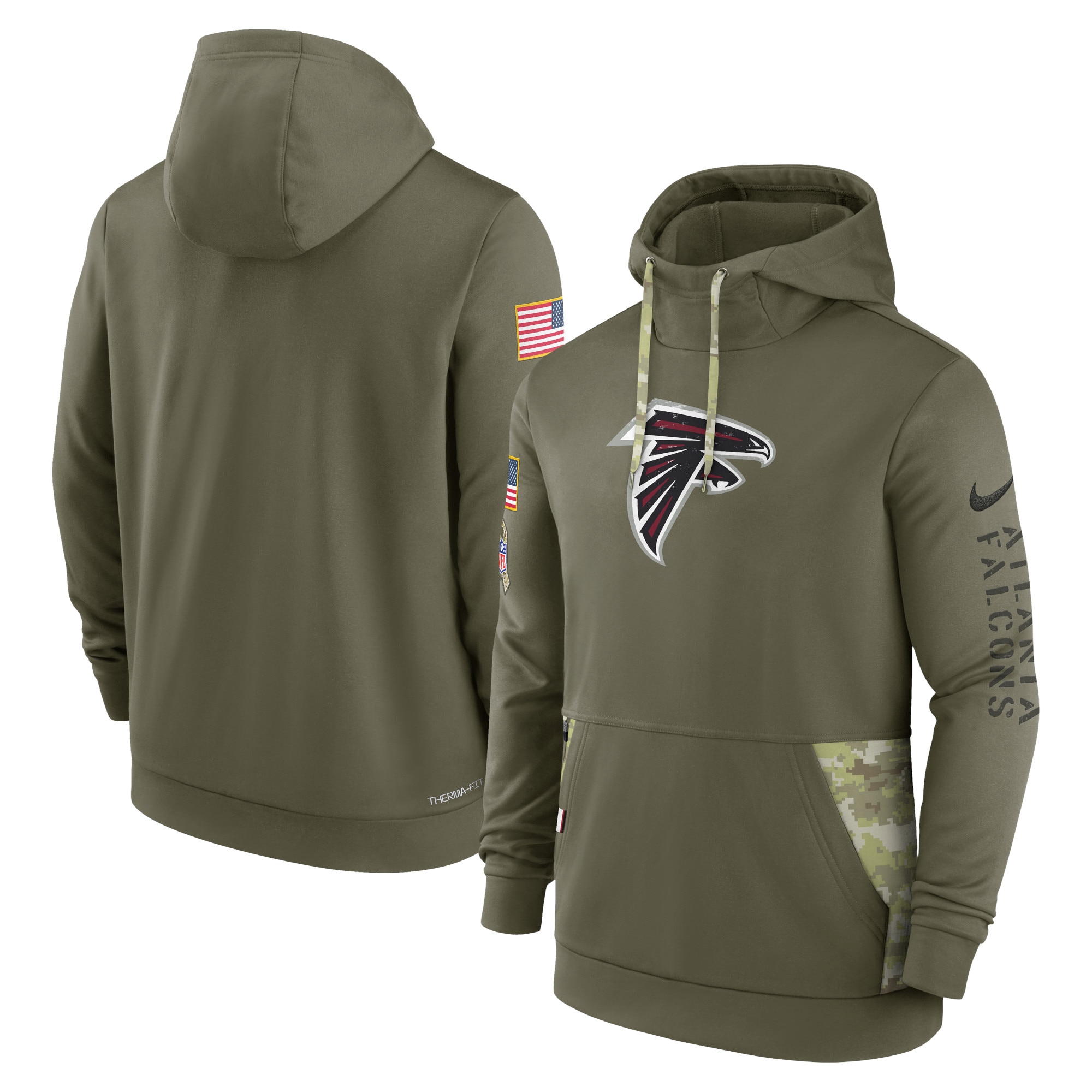 Men's Atlanta Falcons Nike Olive 2022 Salute to Service Therma Performance Pullover Hoodie