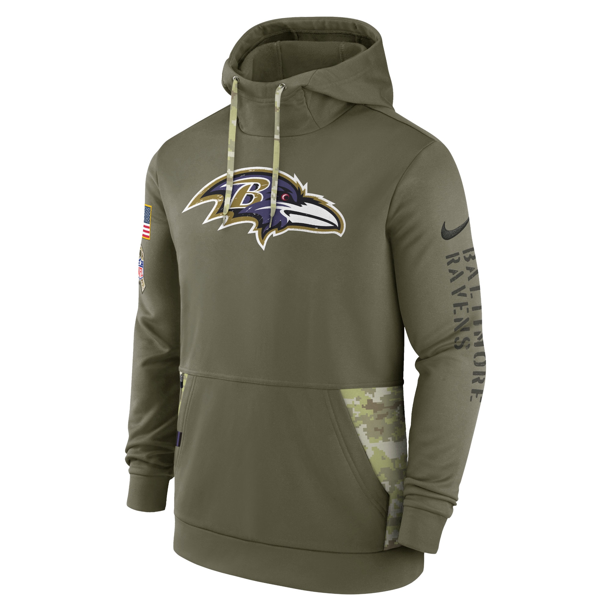 Men's Baltimore Ravens Nike Olive 2022 Salute to Service Therma Performance Pullover Hoodie