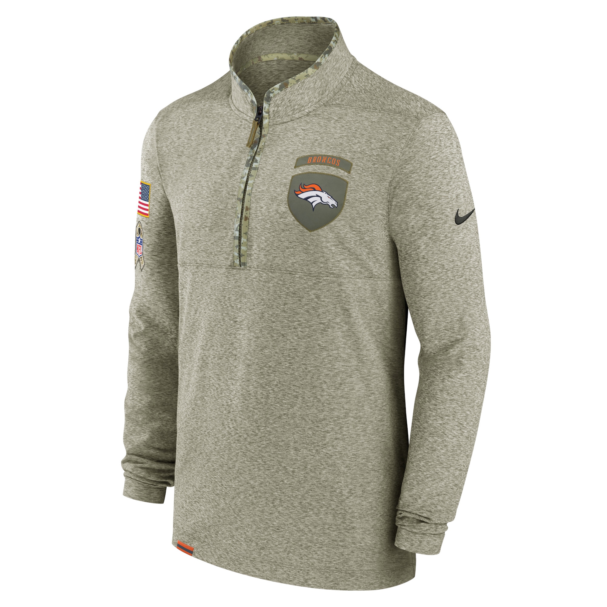 Men's Denver Broncos Nike Olive 2022 Salute to Service Shield Quarter-Zip Top
