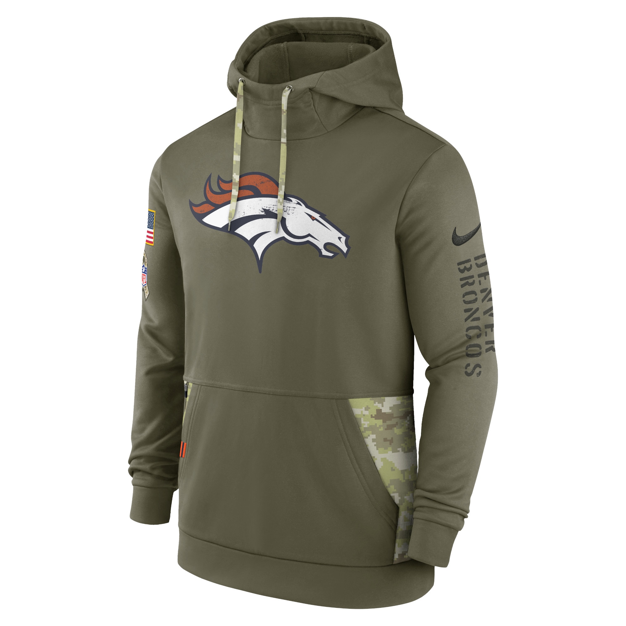 Men's Denver Broncos Nike Olive 2022 Salute to Service Therma Performance Pullover Hoodie