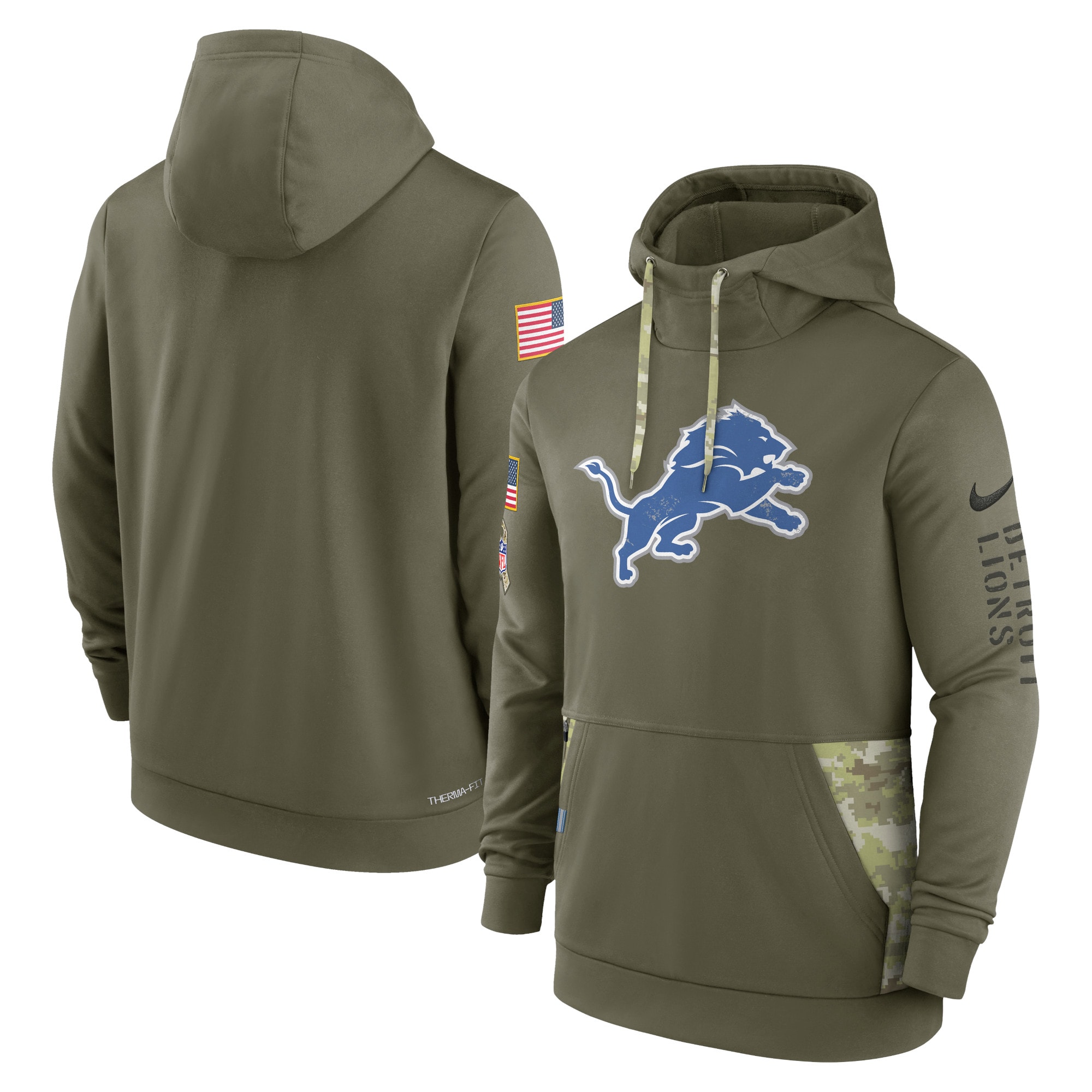 Men's Detroit Lions Nike Olive 2022 Salute to Service Therma Performance Pullover Hoodie