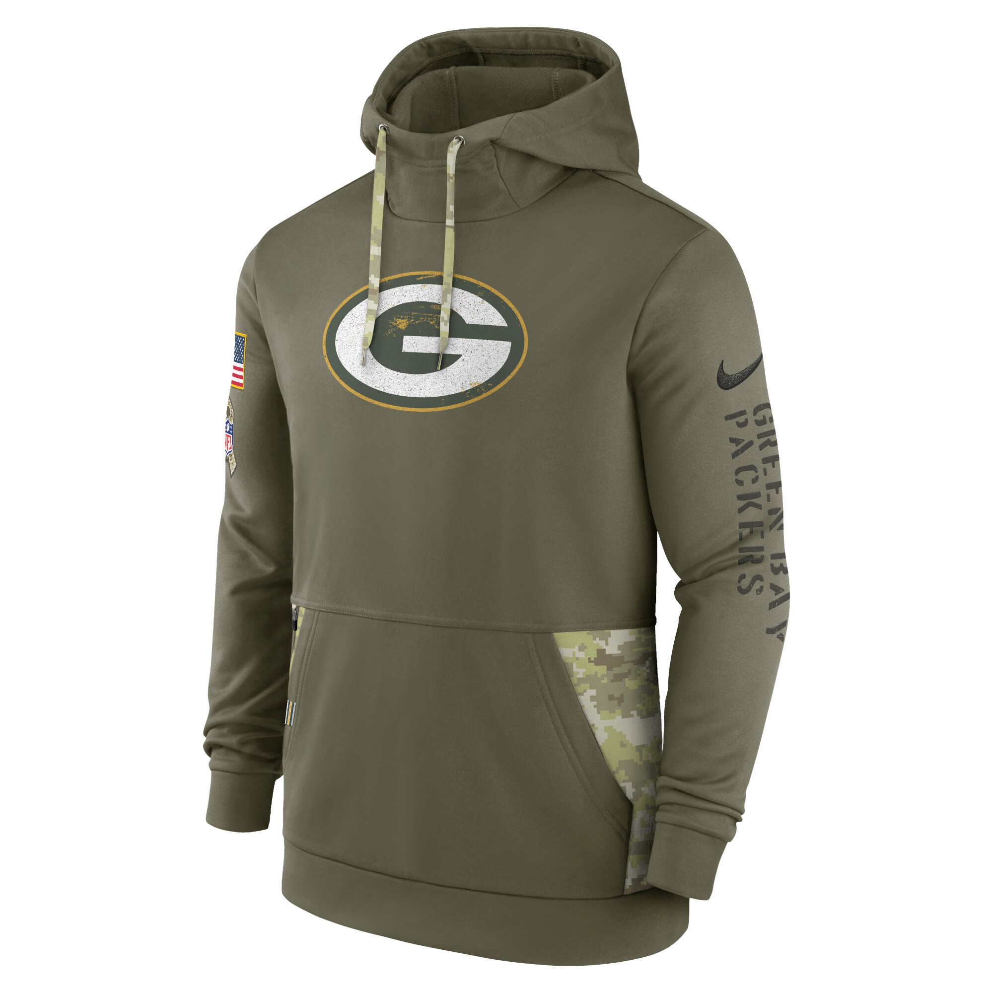 Men's Green Bay Packers Nike Olive 2022 Salute to Service Therma Performance Pullover Hoodie