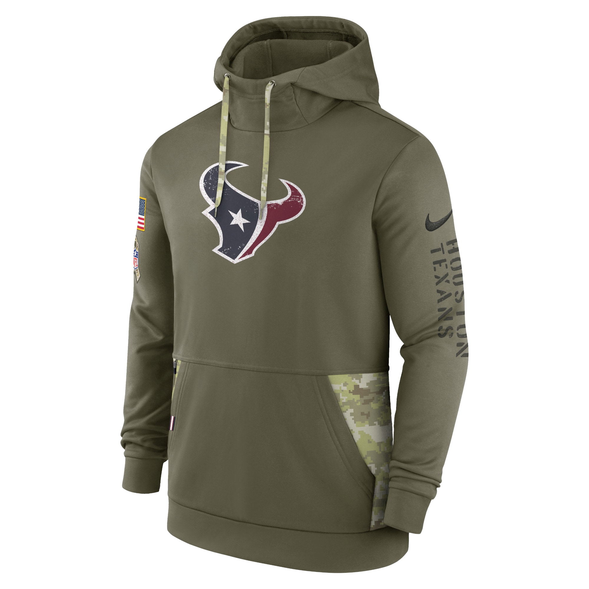 Men's Houston Texans Nike Olive 2022 Salute to Service Therma Performance Pullover Hoodie