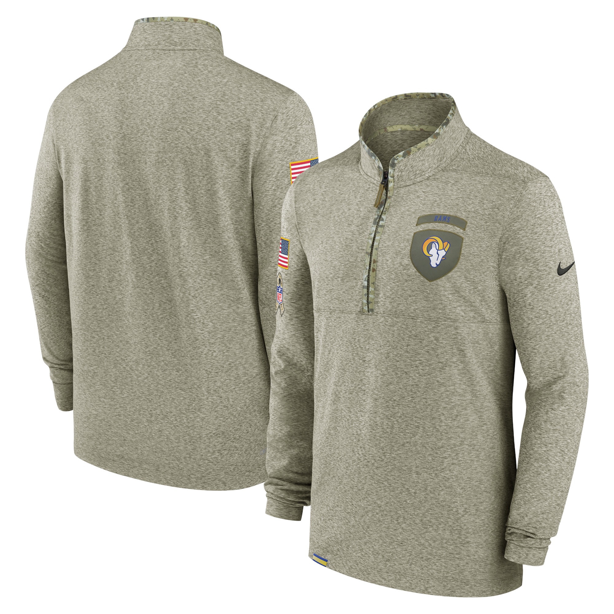 Men's Los Angeles Rams Nike Olive 2022 Salute to Service Shield Quarter-Zip Top