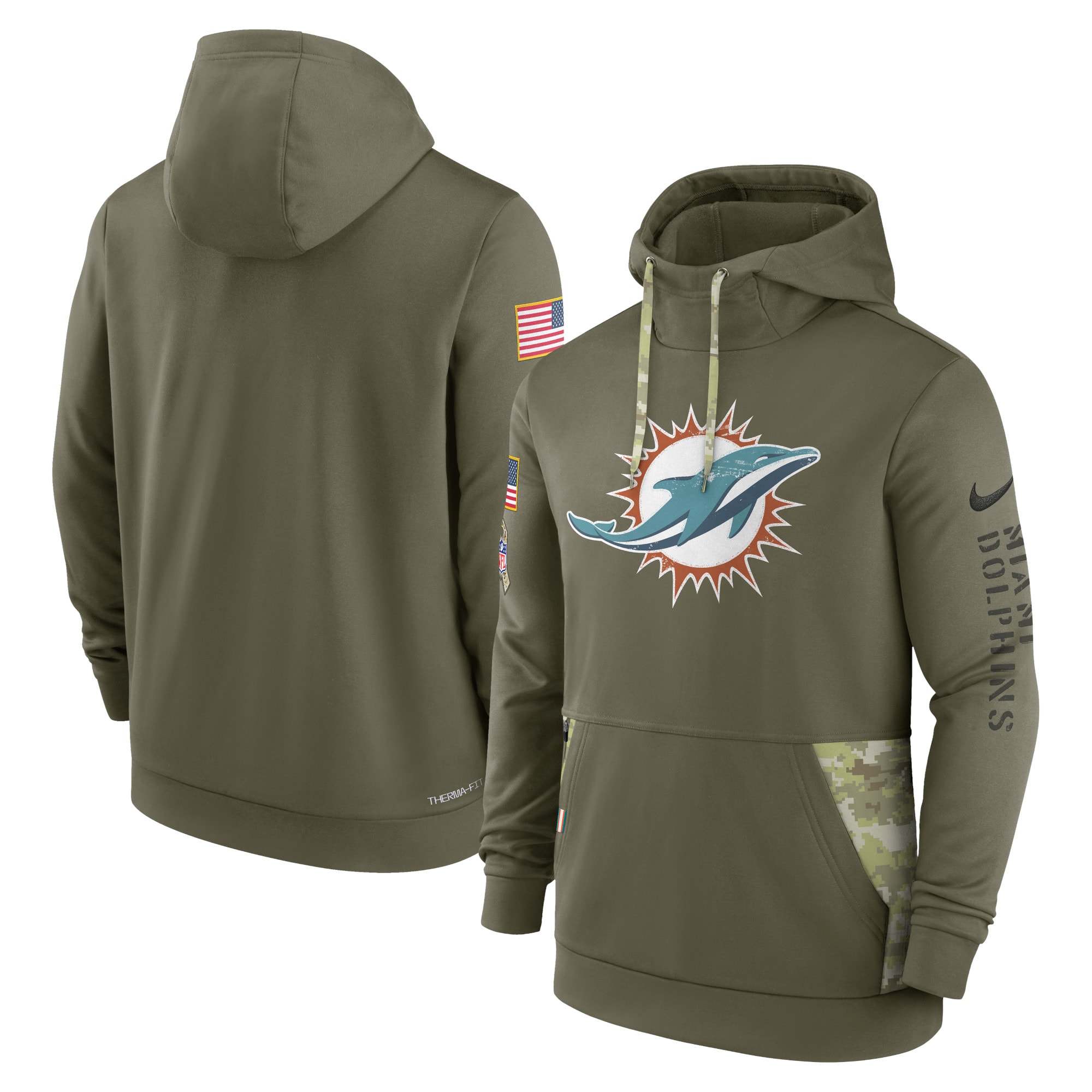 Men's Miami Dolphins Nike Olive 2022 Salute to Service Therma Performance Pullover Hoodie