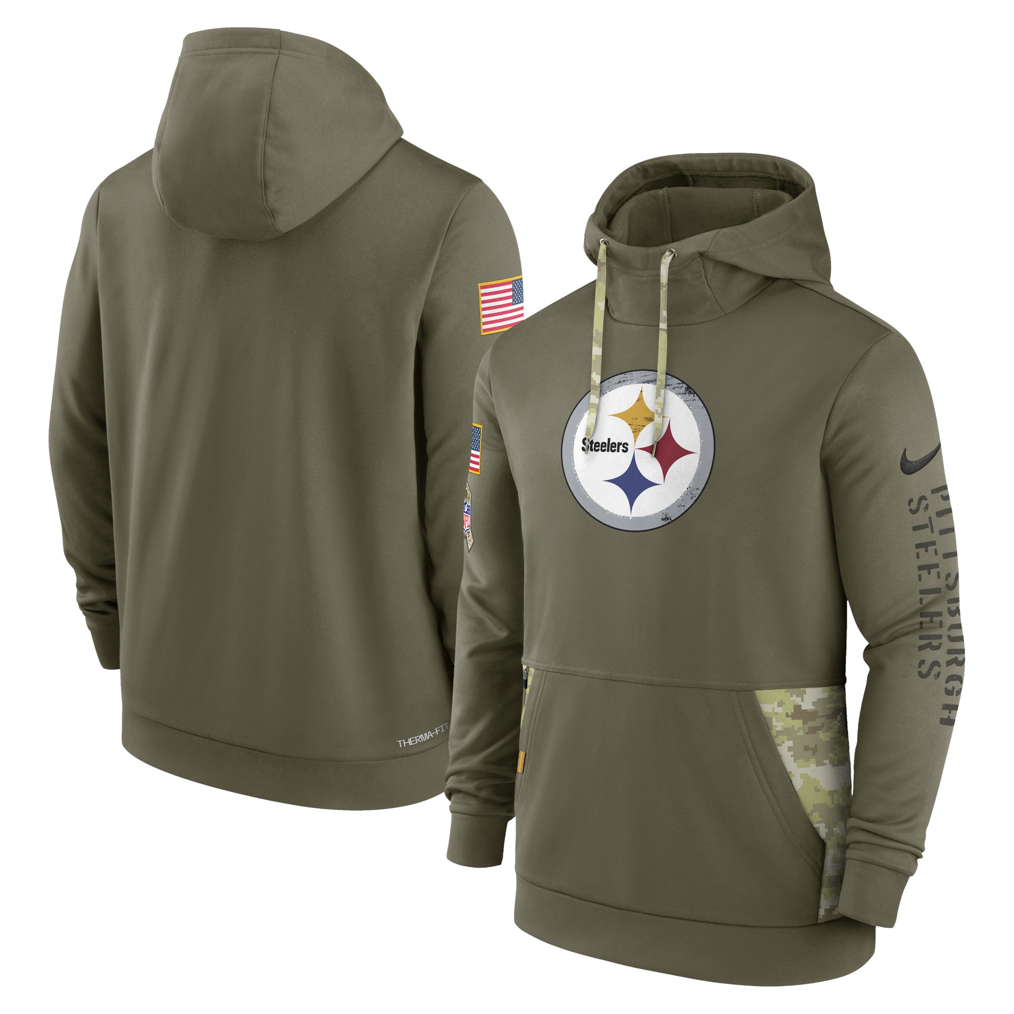 Men's Pittsburgh Steelers Nike Olive 2022 Salute to Service Therma Performance Pullover Hoodie