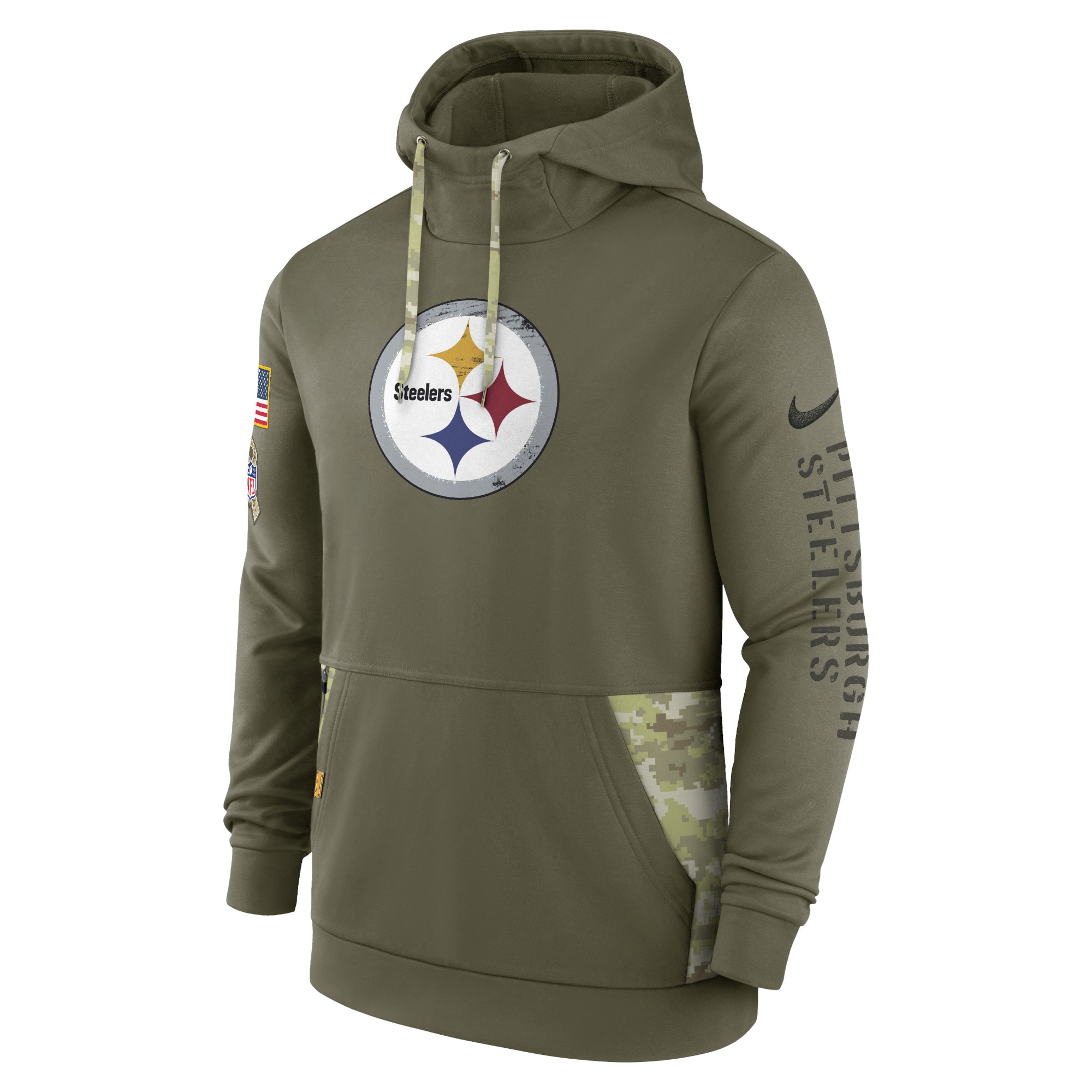 Men's Pittsburgh Steelers Nike Olive 2022 Salute to Service Therma Performance Pullover Hoodie