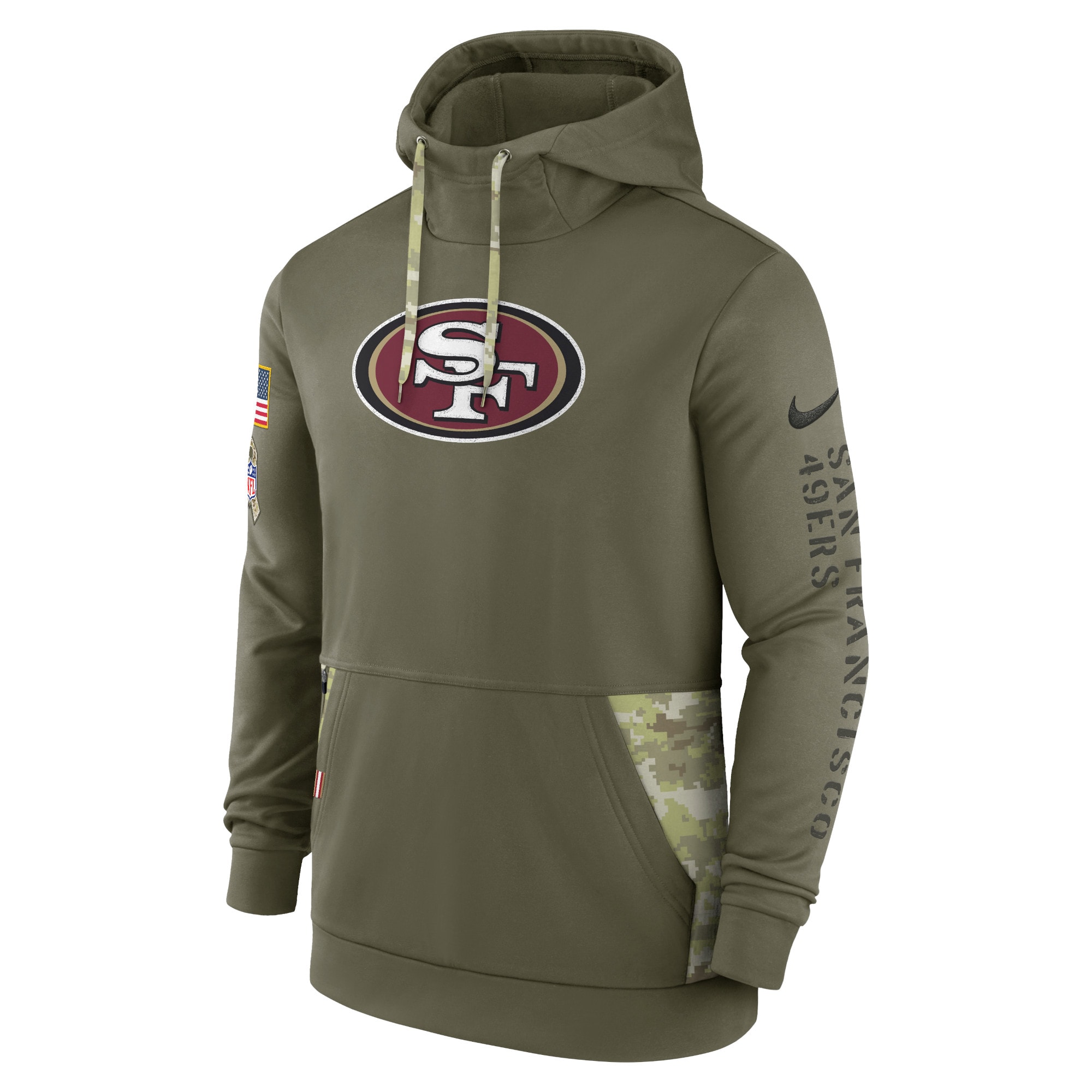 Men's San Francisco 49ers Nike Olive 2022 Salute to Service Therma Performance Pullover Hoodie