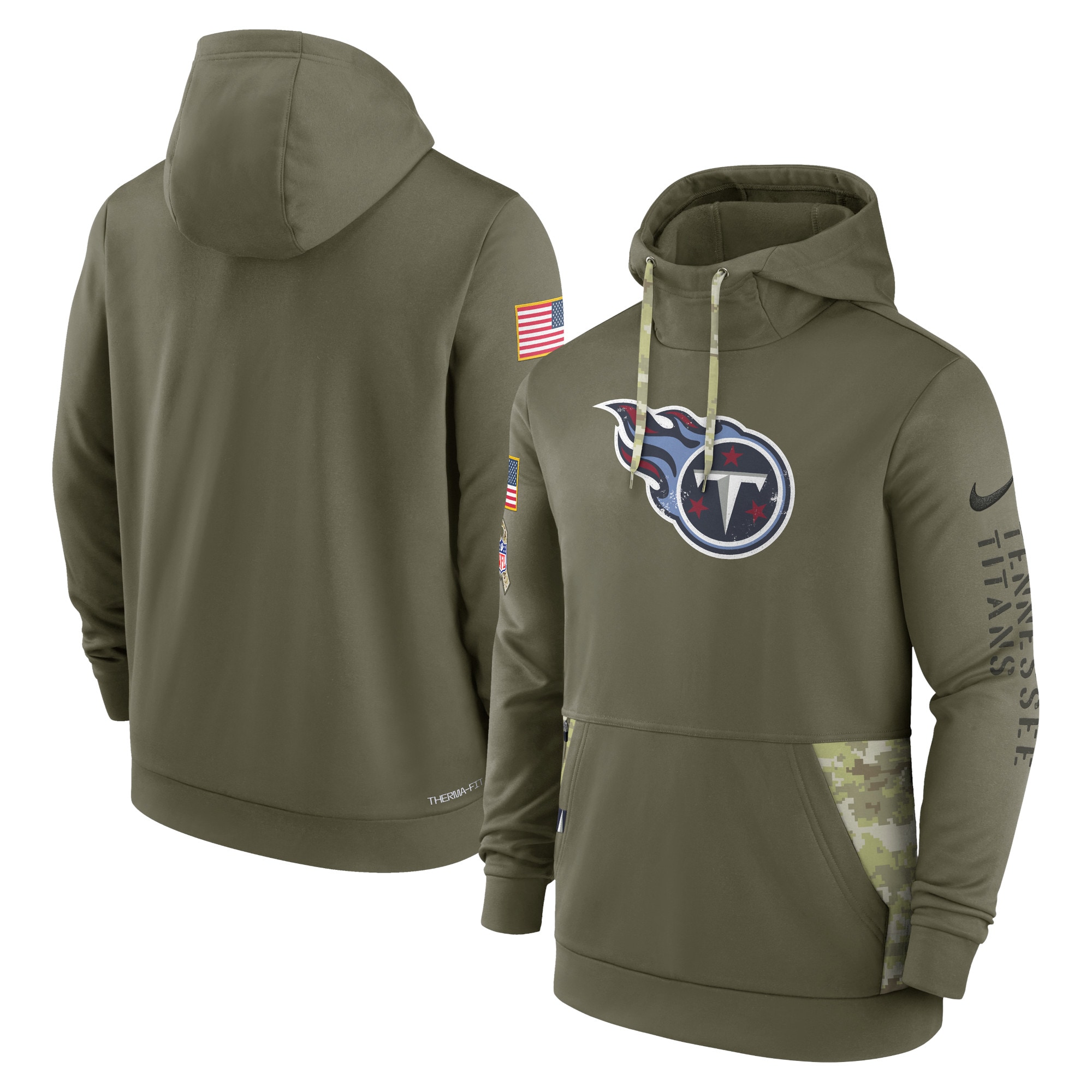 Men's Tennessee Titans Nike Olive 2022 Salute to Service Therma Performance Pullover Hoodie