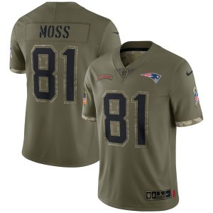 Men's New England Patriots Randy Moss Nike Olive 2022 Salute To Service Retired Player Limited Jersey