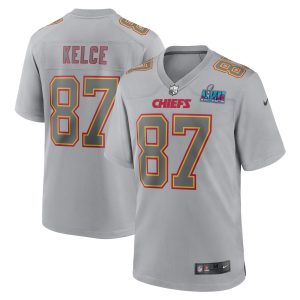 Men's Kansas City Chiefs Travis Kelce Nike Gray Super Bowl LVII Patch Atmosphere Fashion Game Jersey
