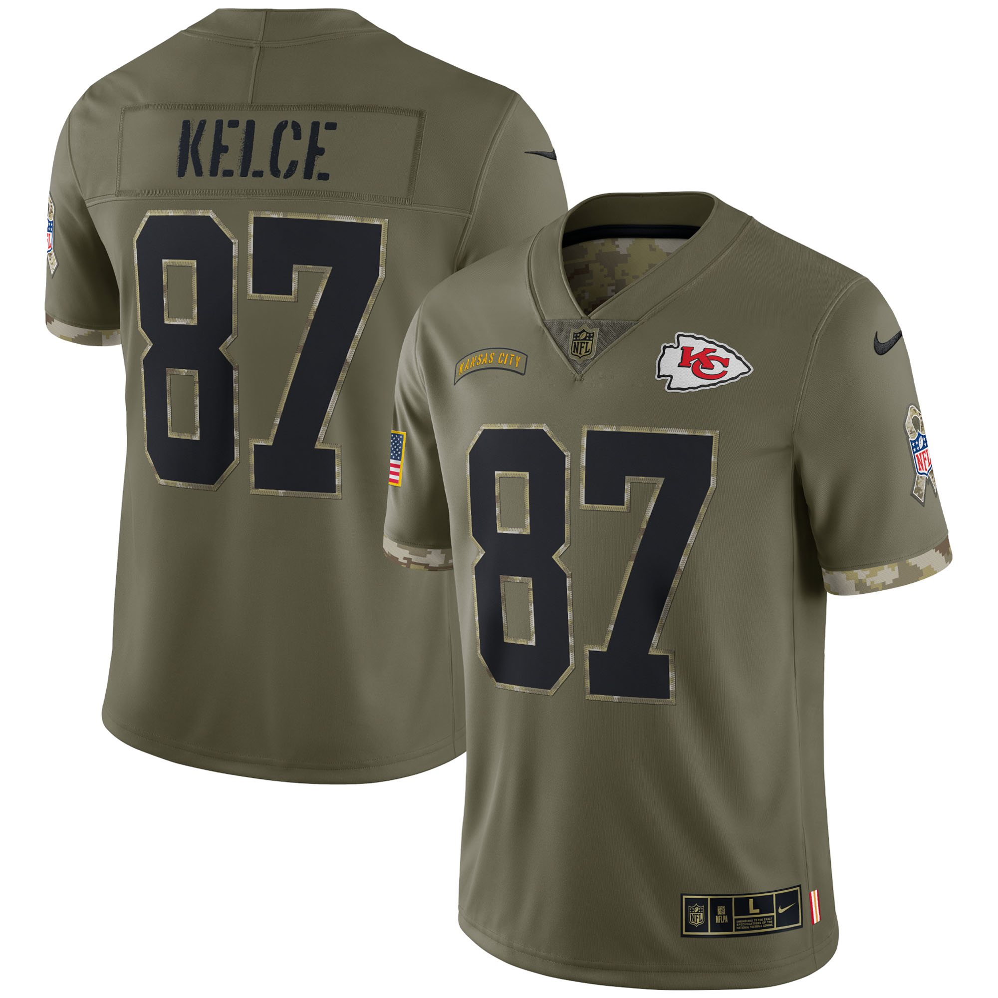 Men's Kansas City Chiefs Travis Kelce Nike Olive 2022 Salute To Service Limited Jersey