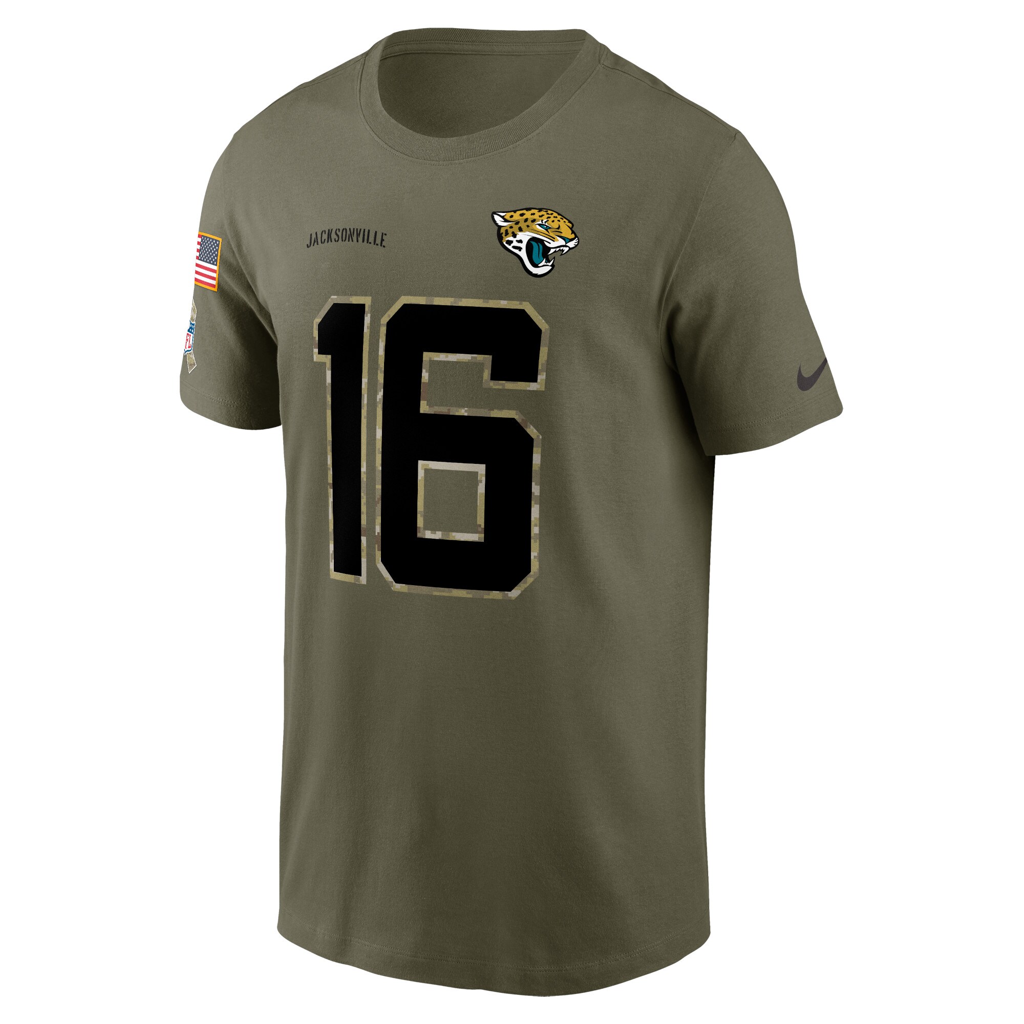 Men's Jacksonville Jaguars Trevor Lawrence Nike Olive 2022 Salute To Service Name & Number T-Shirt