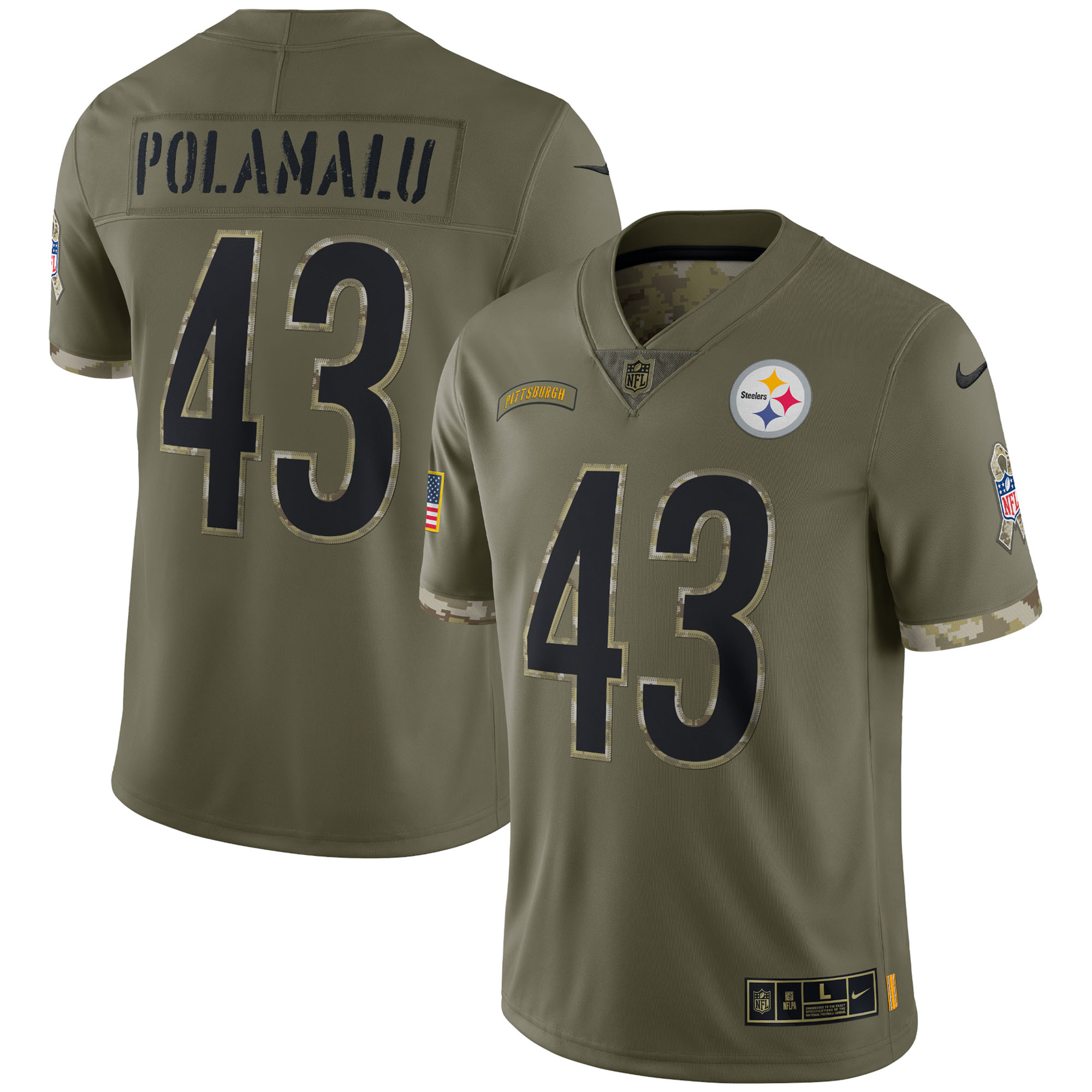 Men's Pittsburgh Steelers Troy Polamalu Nike Olive 2022 Salute To Service Retired Player Limited Jersey