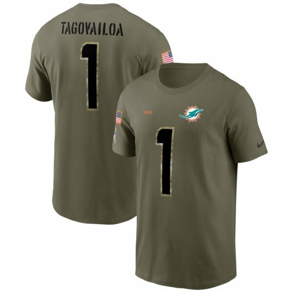 Men's Miami Dolphins Tua Tagovailoa Nike Olive 2022 Salute To Service Name & Number T-Shirt