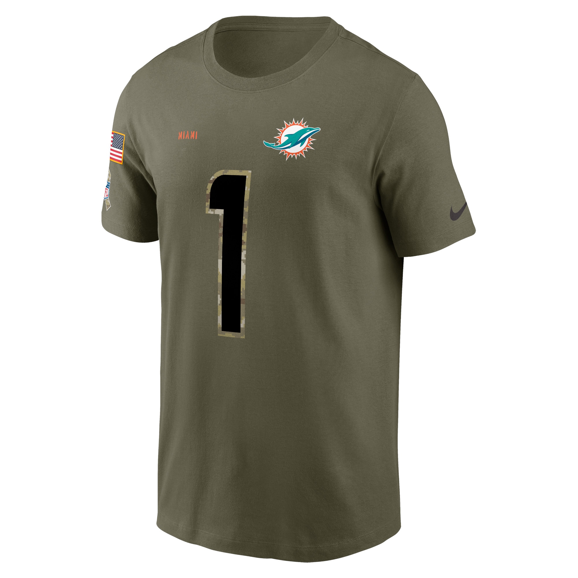 Men's Miami Dolphins Tua Tagovailoa Nike Olive 2022 Salute To Service Name & Number T-Shirt