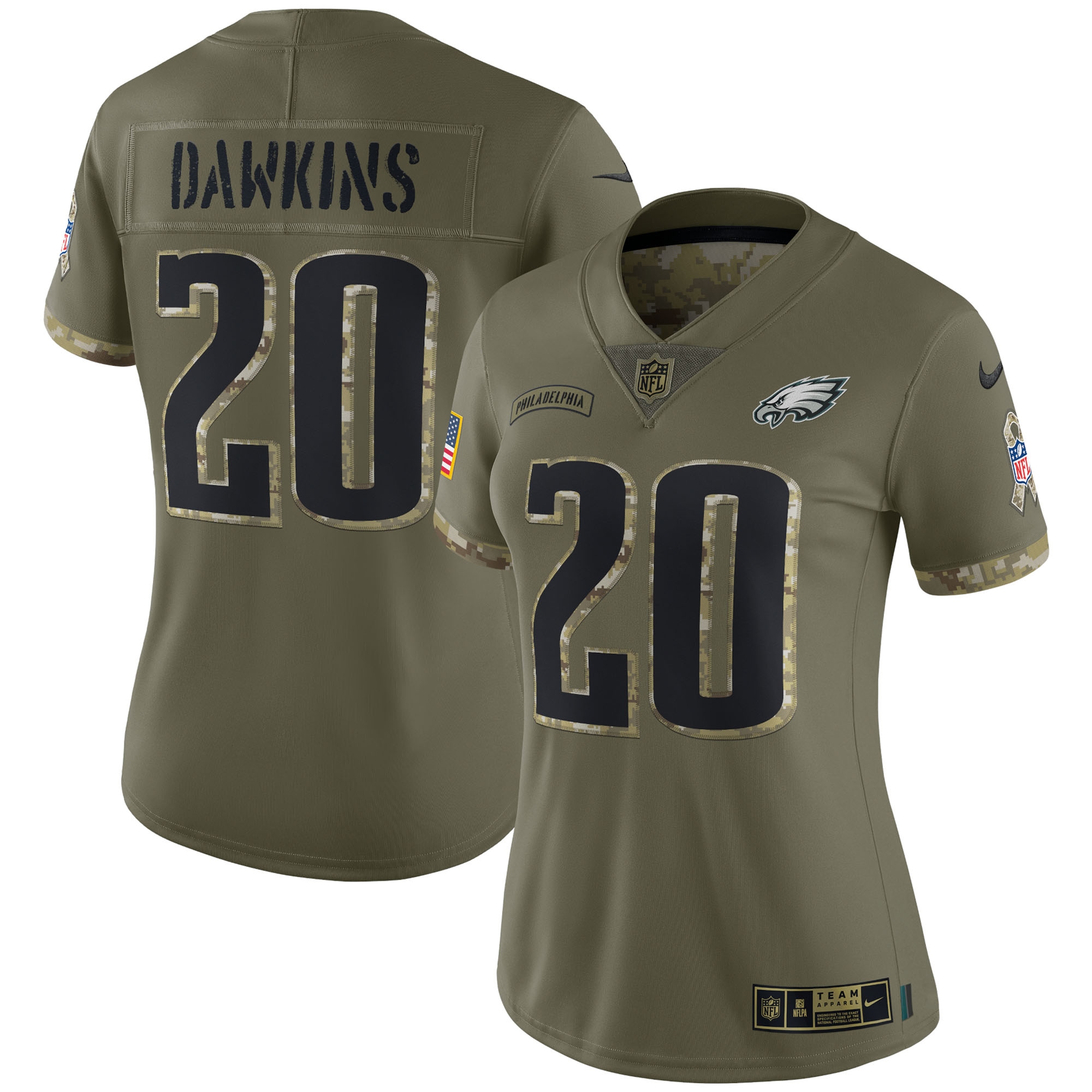 Women's Philadelphia Eagles Brian Dawkins Nike Olive 2022 Salute To Service Retired Player Limited Jersey