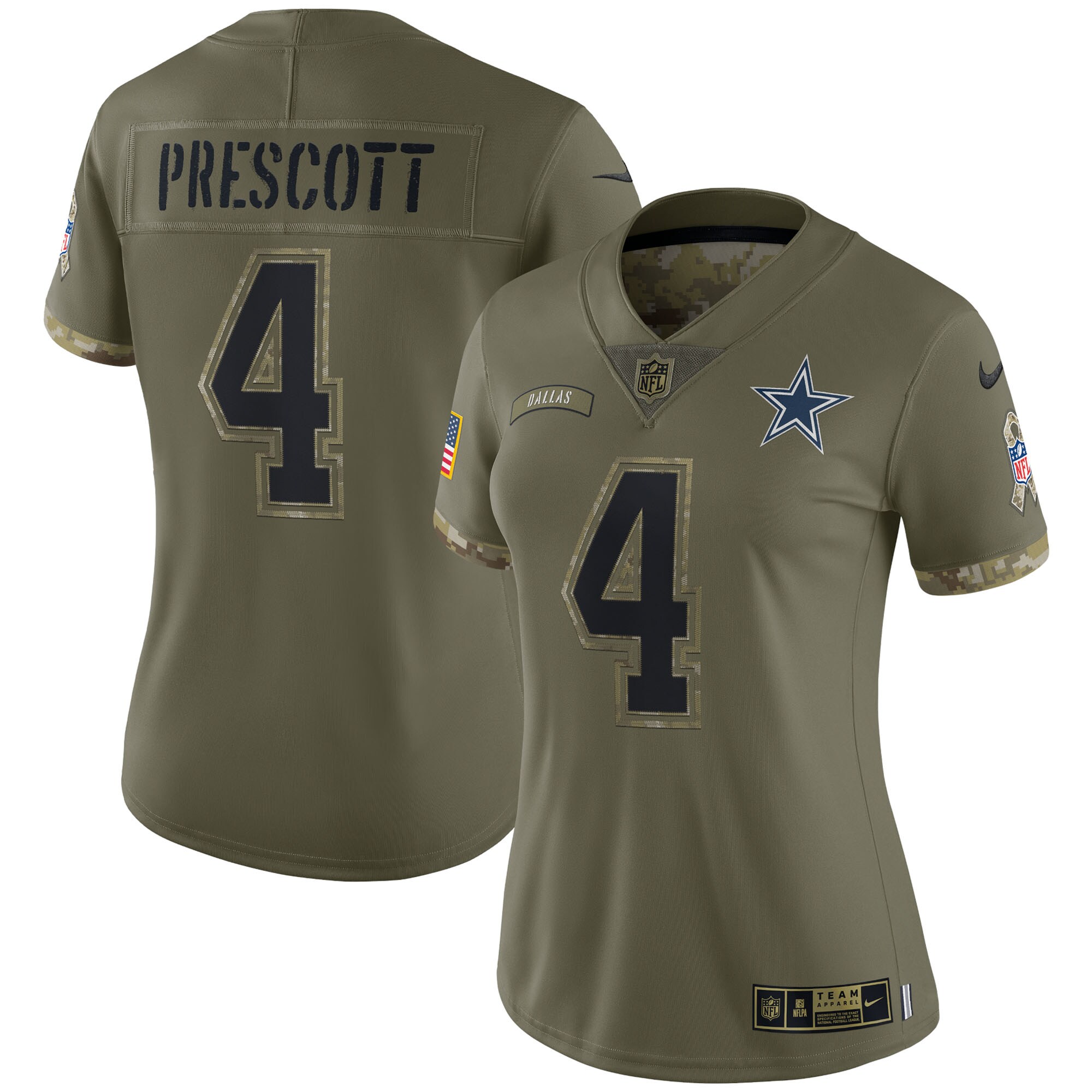 Women's Dallas Cowboys Dak Prescott Nike Olive 2022 Salute To Service Limited Jersey