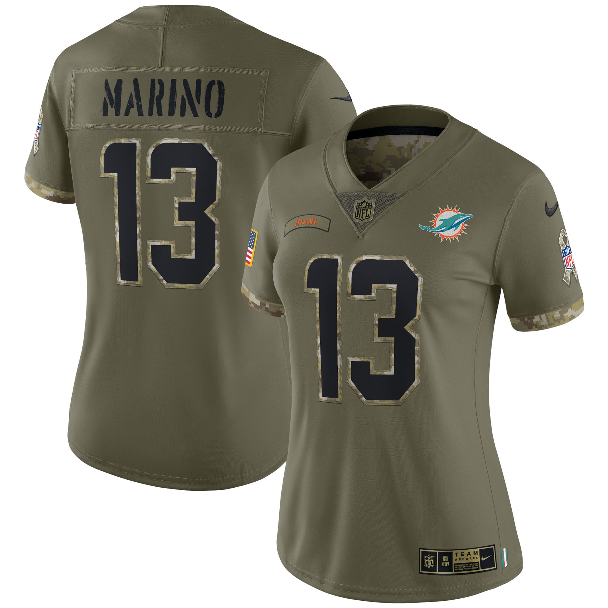 Women's Miami Dolphins Dan Marino Nike Olive 2022 Salute To Service Retired Player Limited Jersey