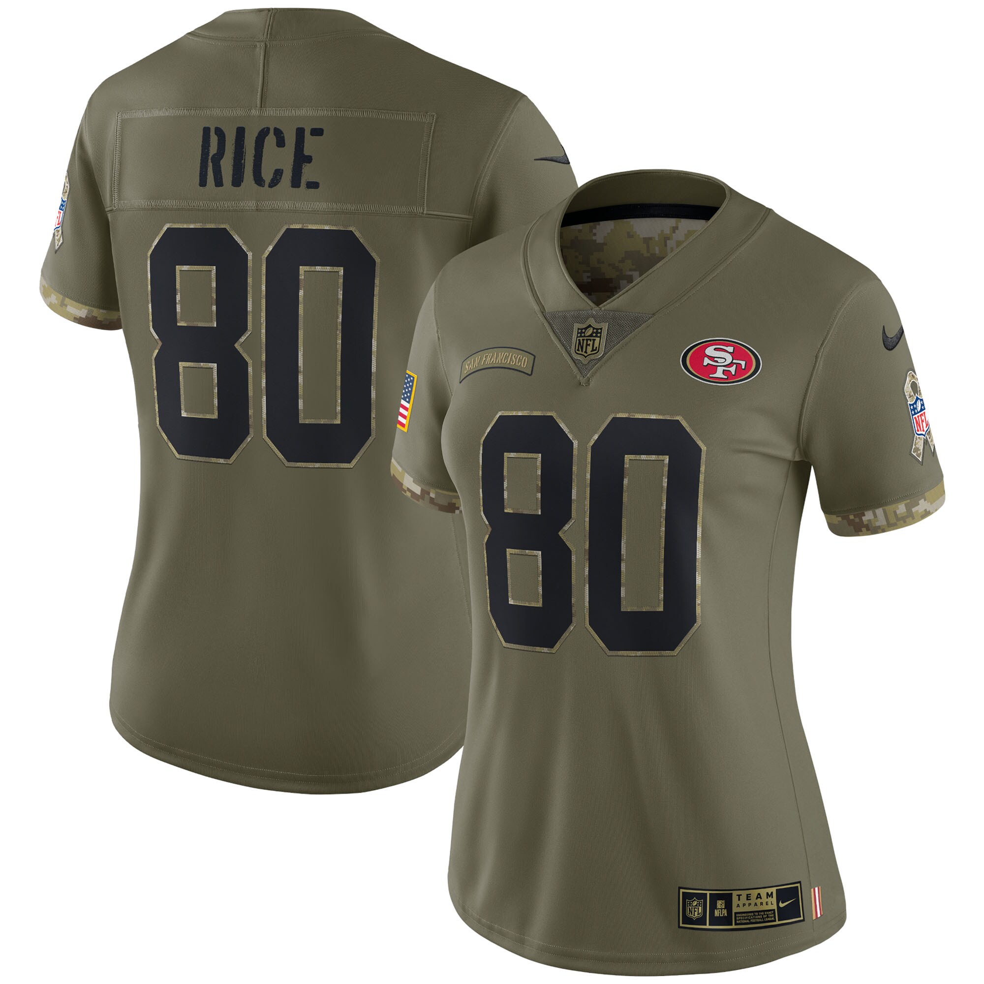 Women's San Francisco 49ers Jerry Rice Nike Olive 2022 Salute To Service Retired Player Limited Jersey