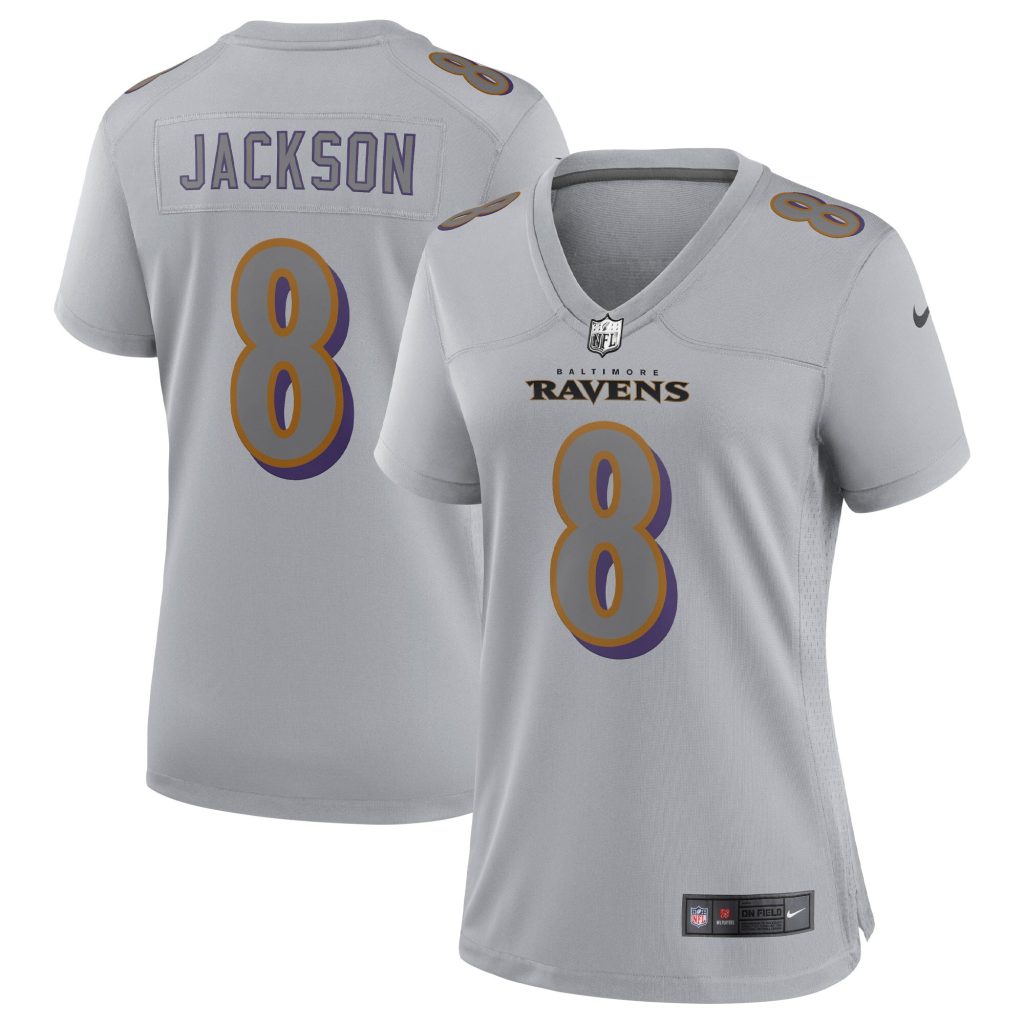 Women's Baltimore Ravens Lamar Jackson Nike Gray Atmosphere Fashion Game Jersey