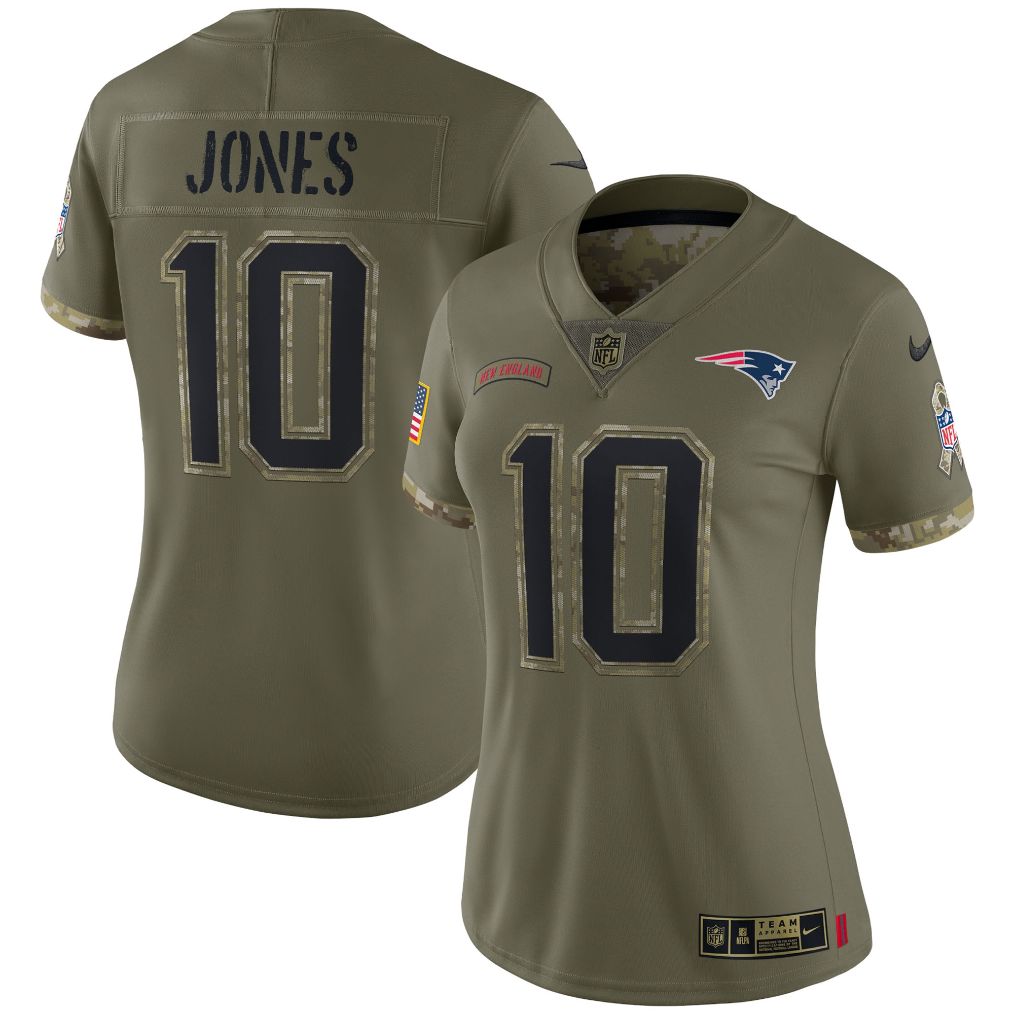 Women's New England Patriots Mac Jones Nike Olive 2022 Salute To Service Limited Jersey