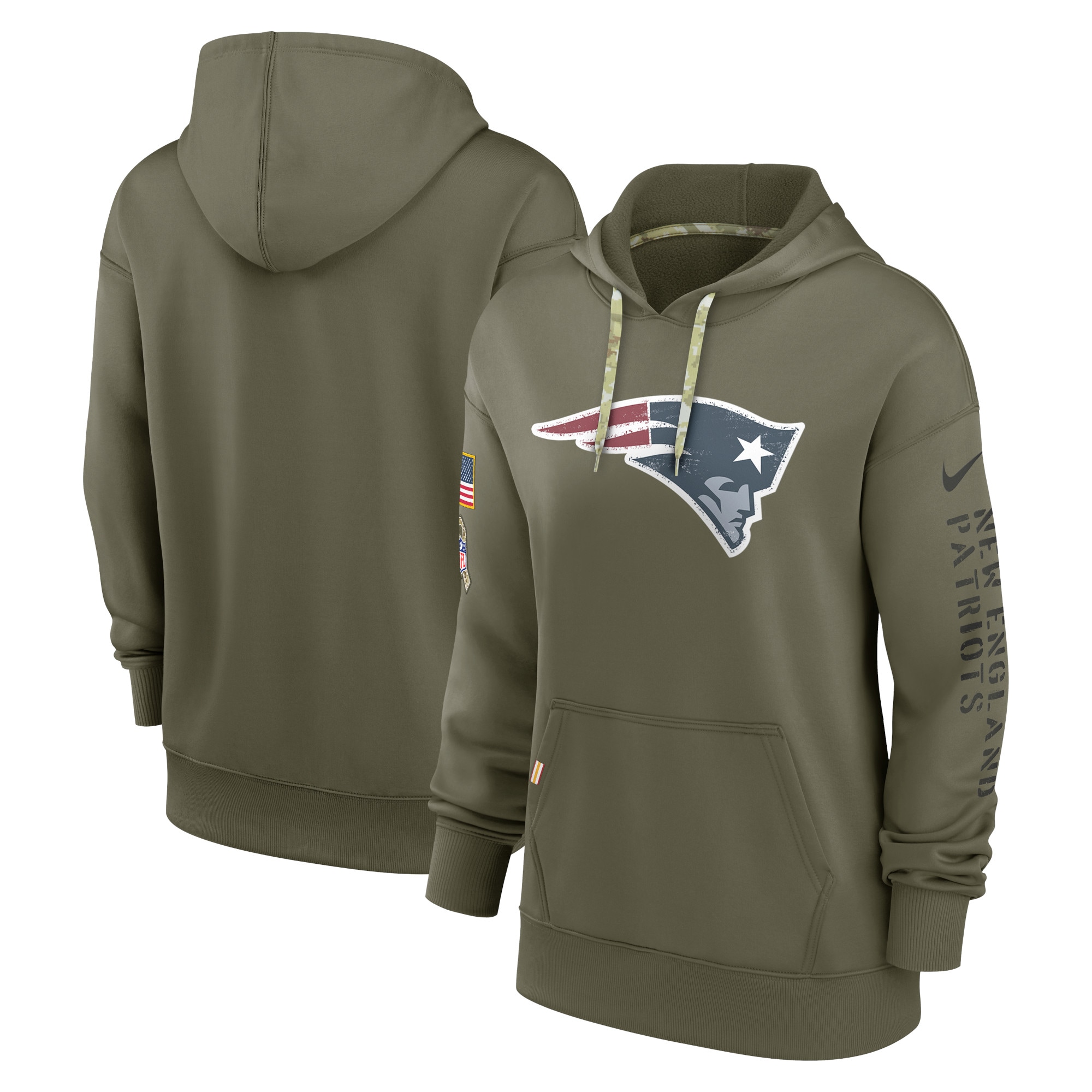 Women's New England Patriots Nike Olive 2022 Salute To Service Performance Pullover Hoodie