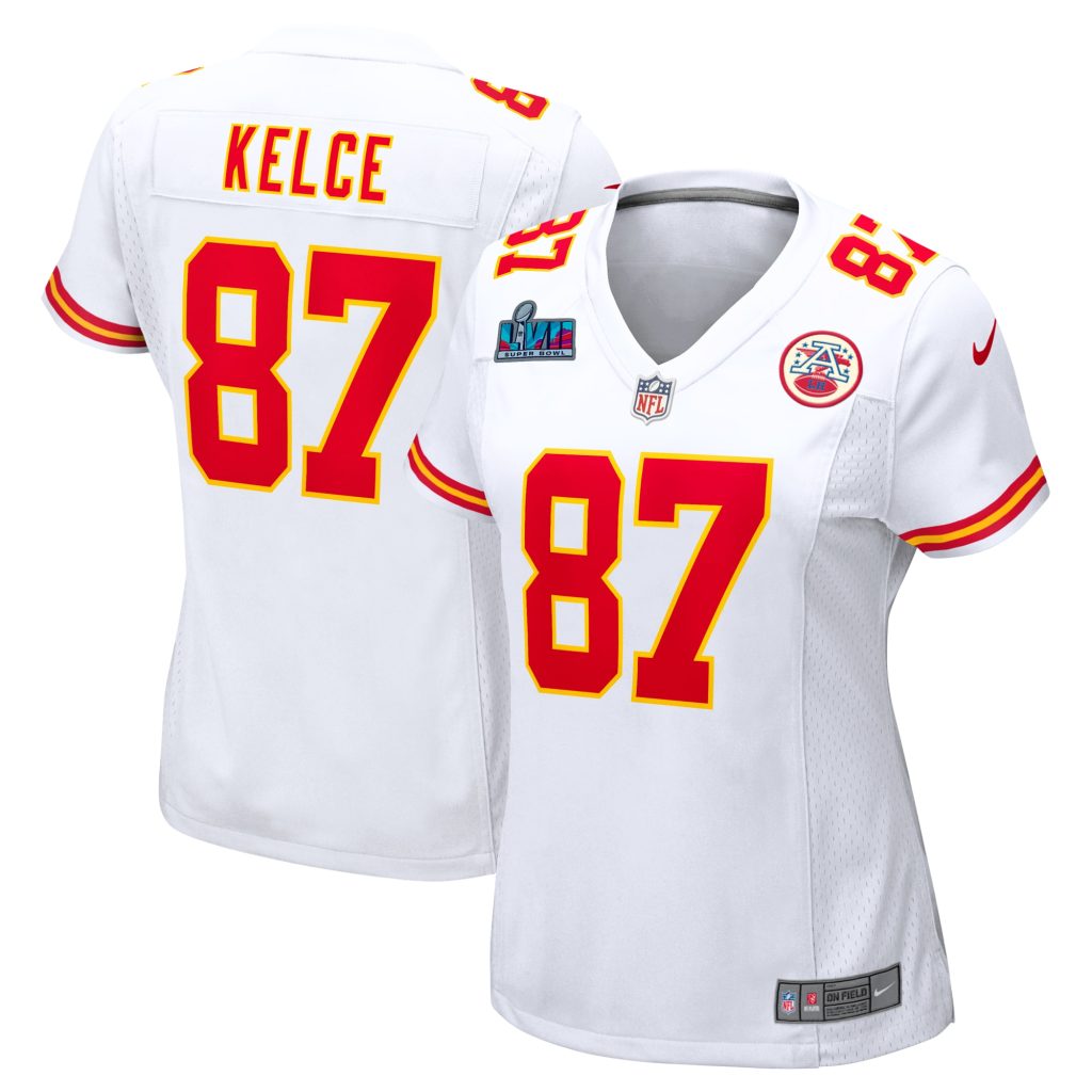 Women's Kansas City Chiefs Travis Kelce Nike White Super Bowl LVII Patch Away Game Jersey